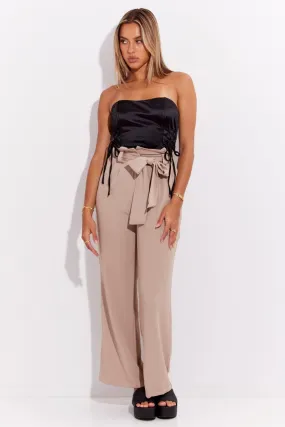 Beige Wide Leg Pants High Rise Paperbag
