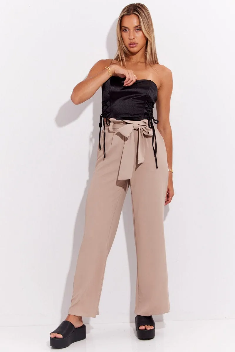 Beige Wide Leg Pants High Rise Paperbag