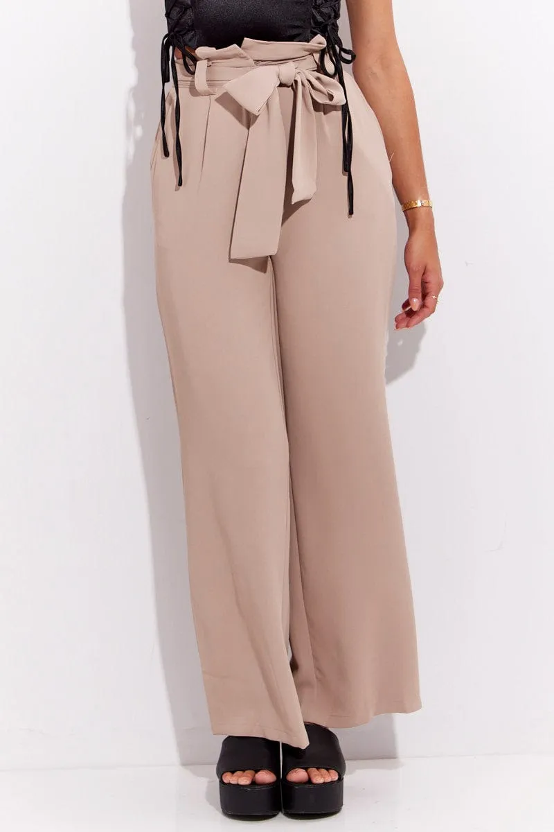 Beige Wide Leg Pants High Rise Paperbag