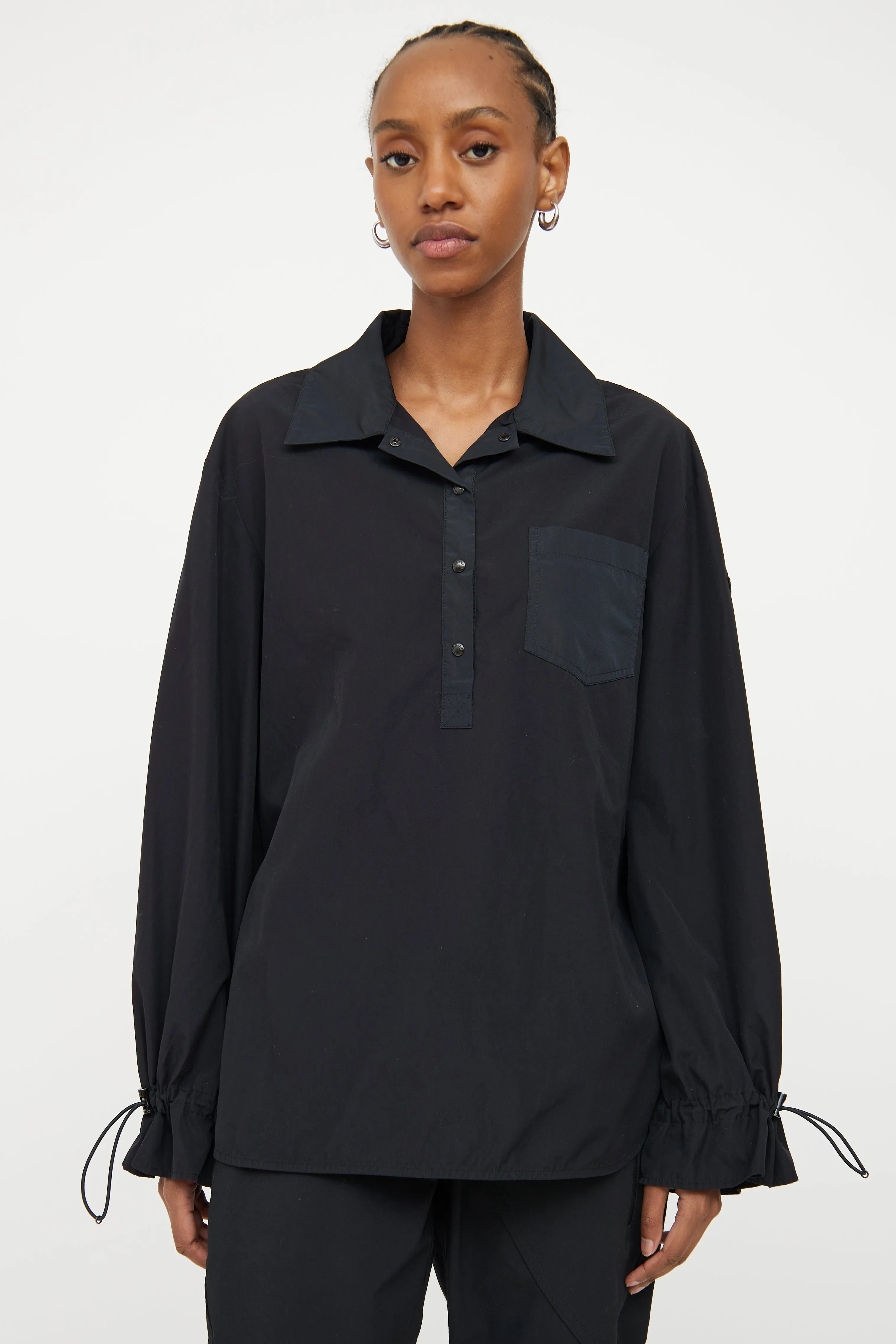 Black Cinch Waist Half Button Top