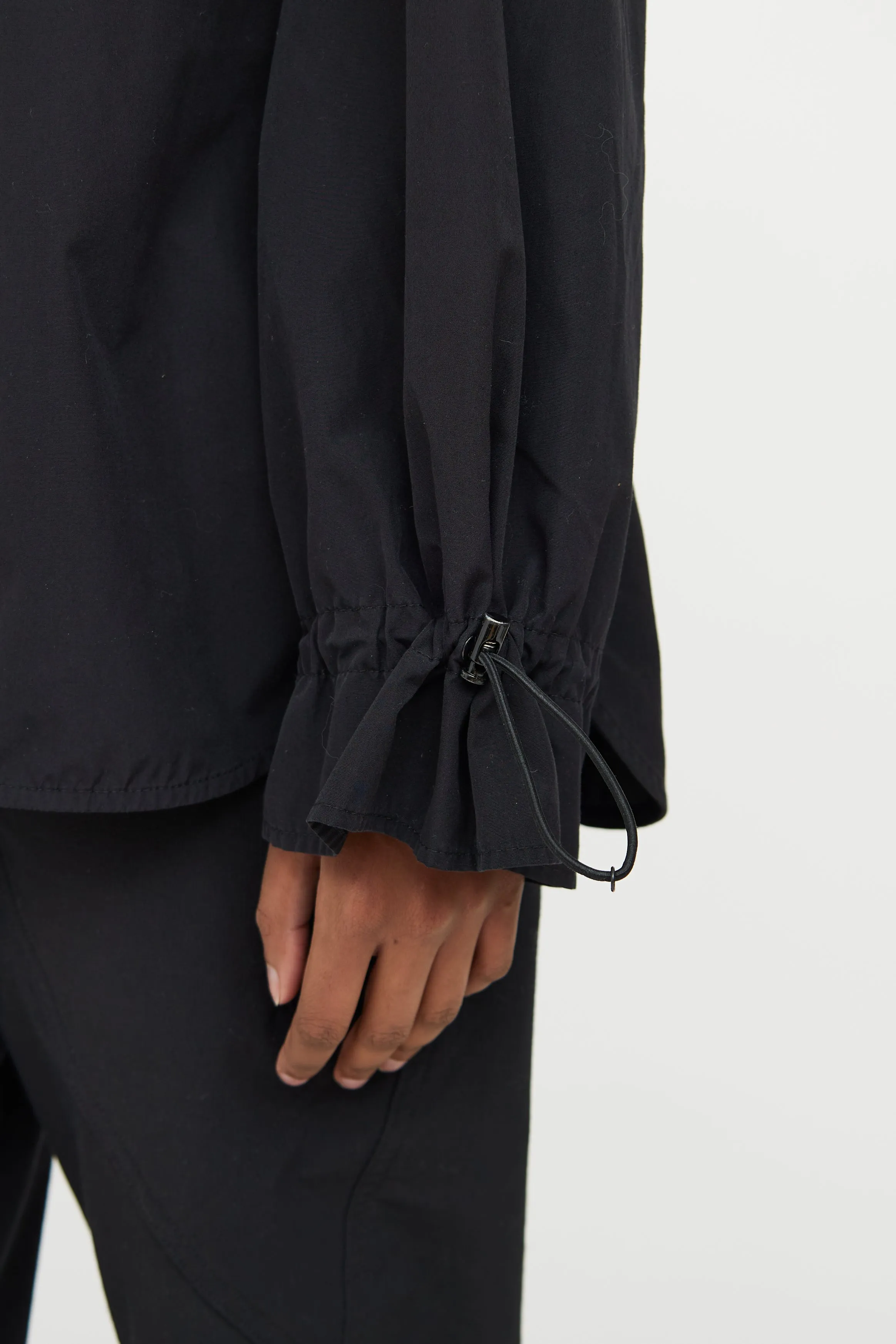 Black Cinch Waist Half Button Top