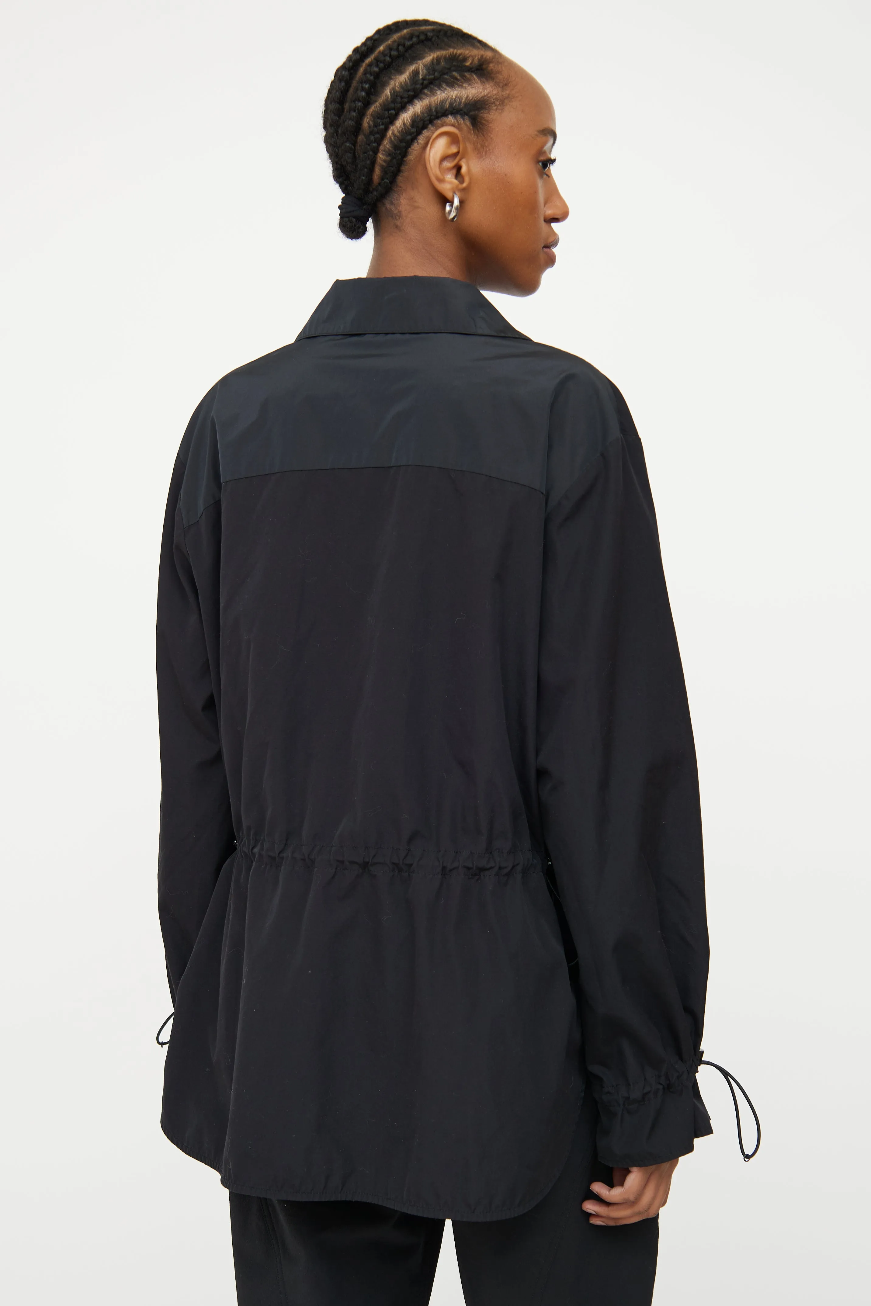 Black Cinch Waist Half Button Top