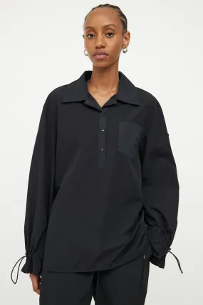 Black Cinch Waist Half Button Top