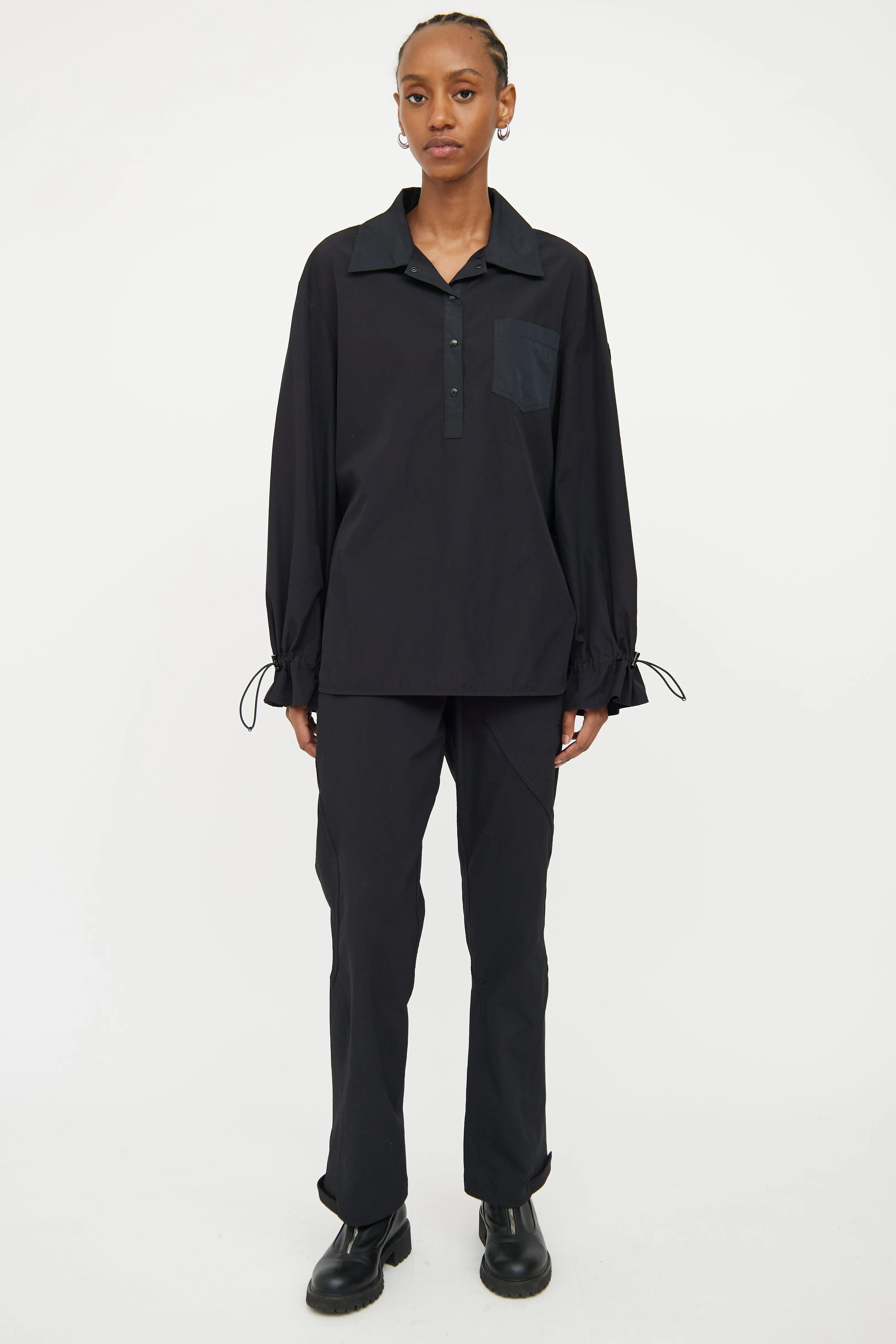 Black Cinch Waist Half Button Top