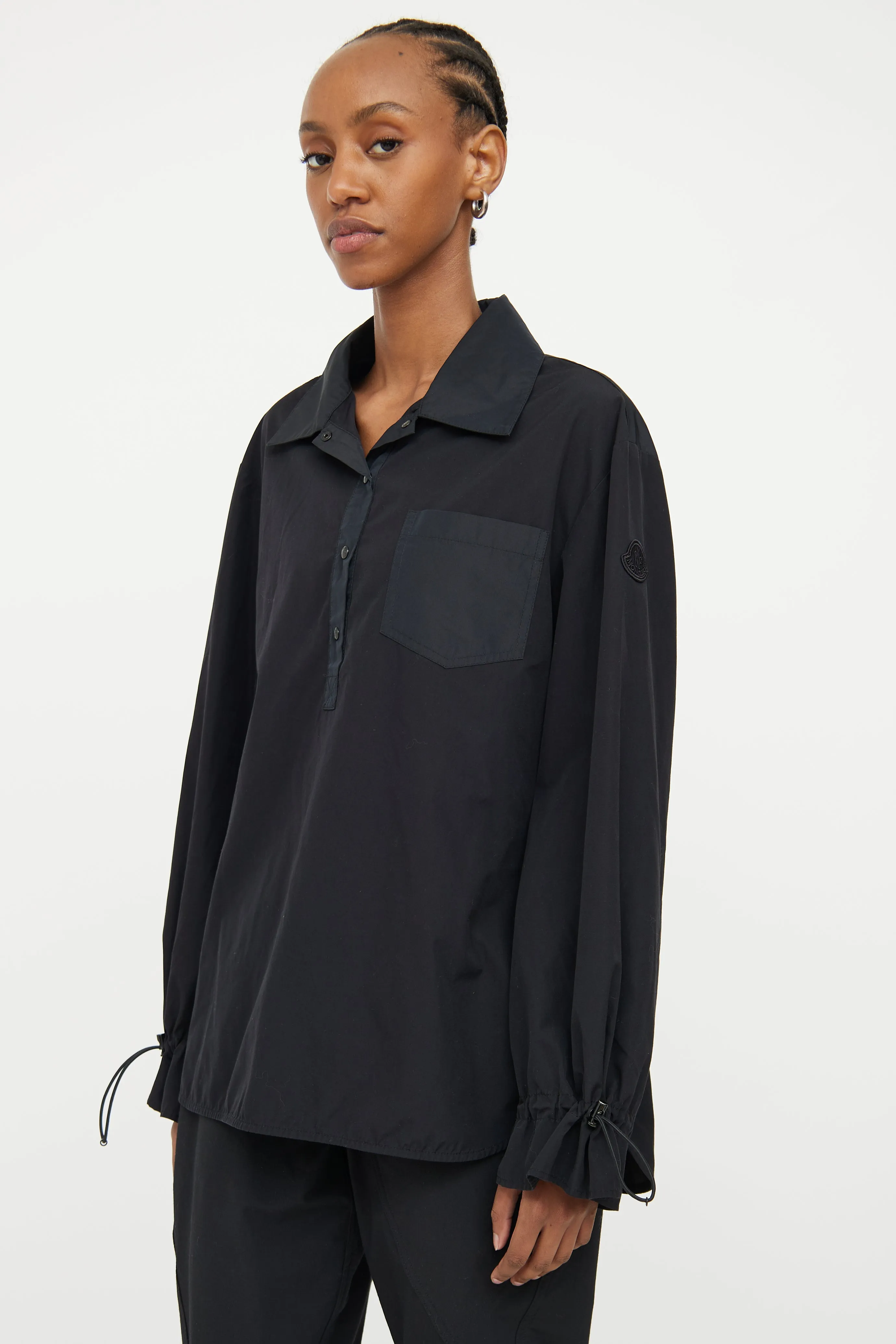 Black Cinch Waist Half Button Top