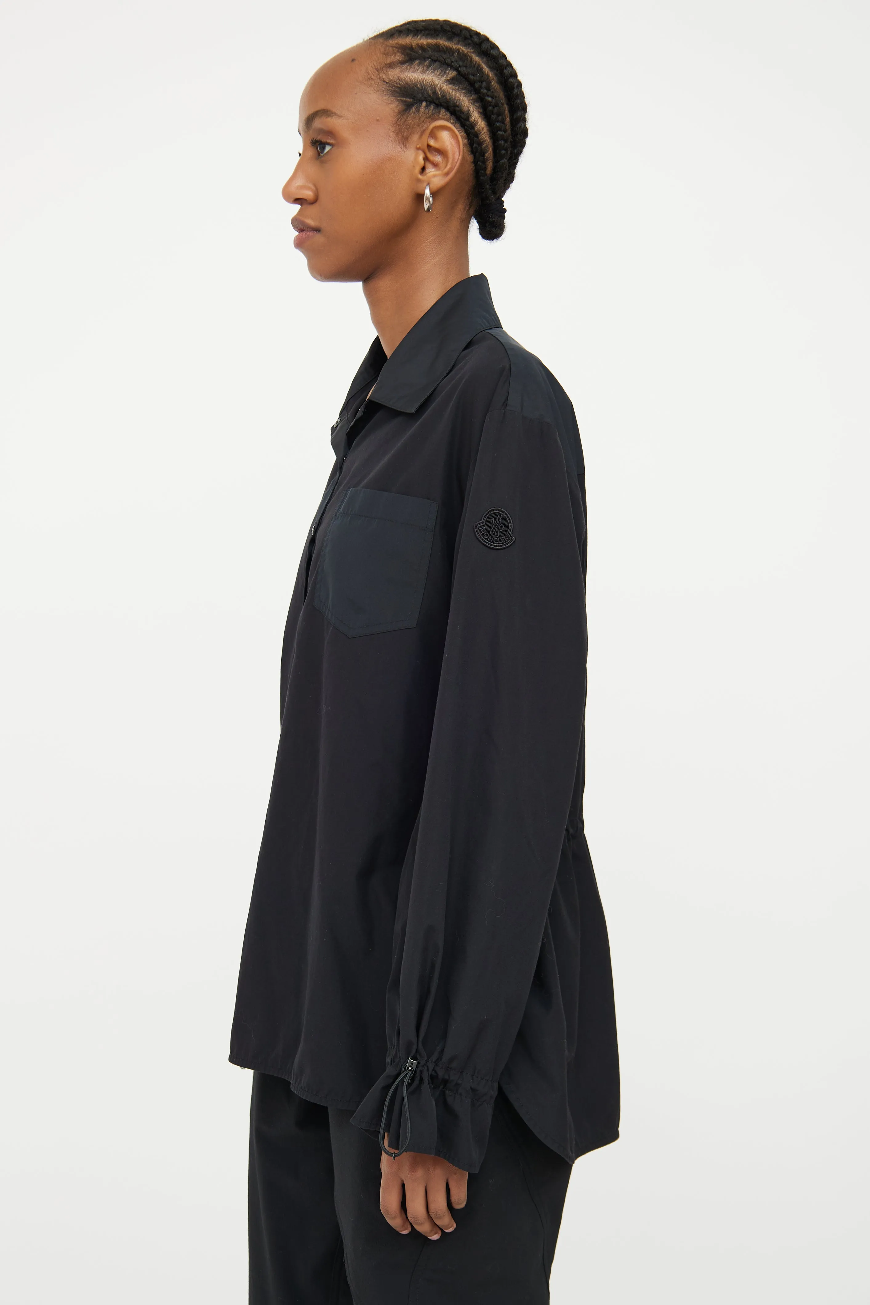 Black Cinch Waist Half Button Top
