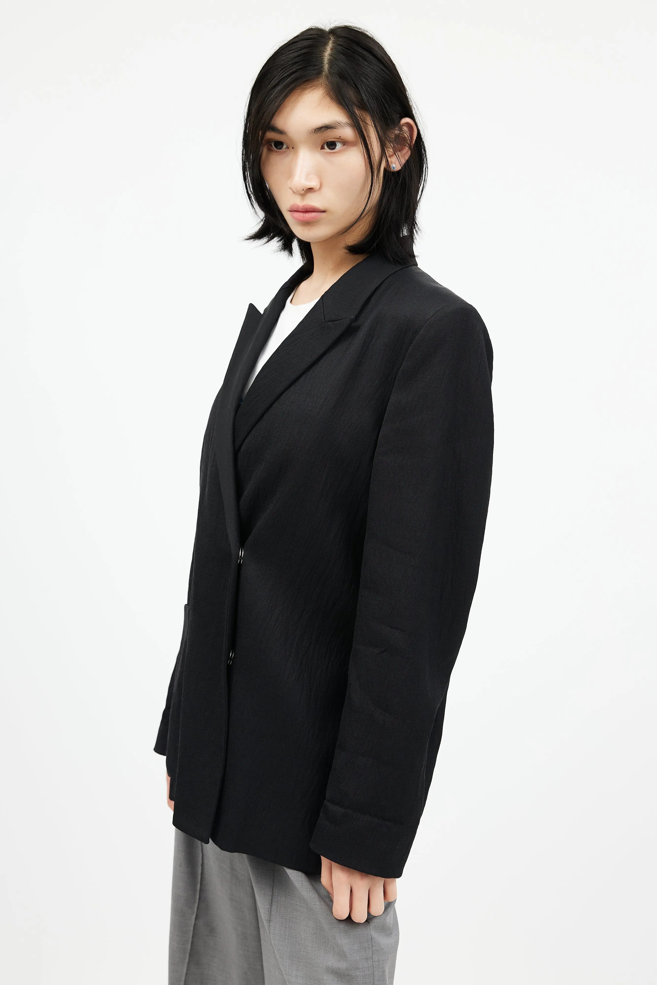 Black Double Breasted Crinkled Blazer