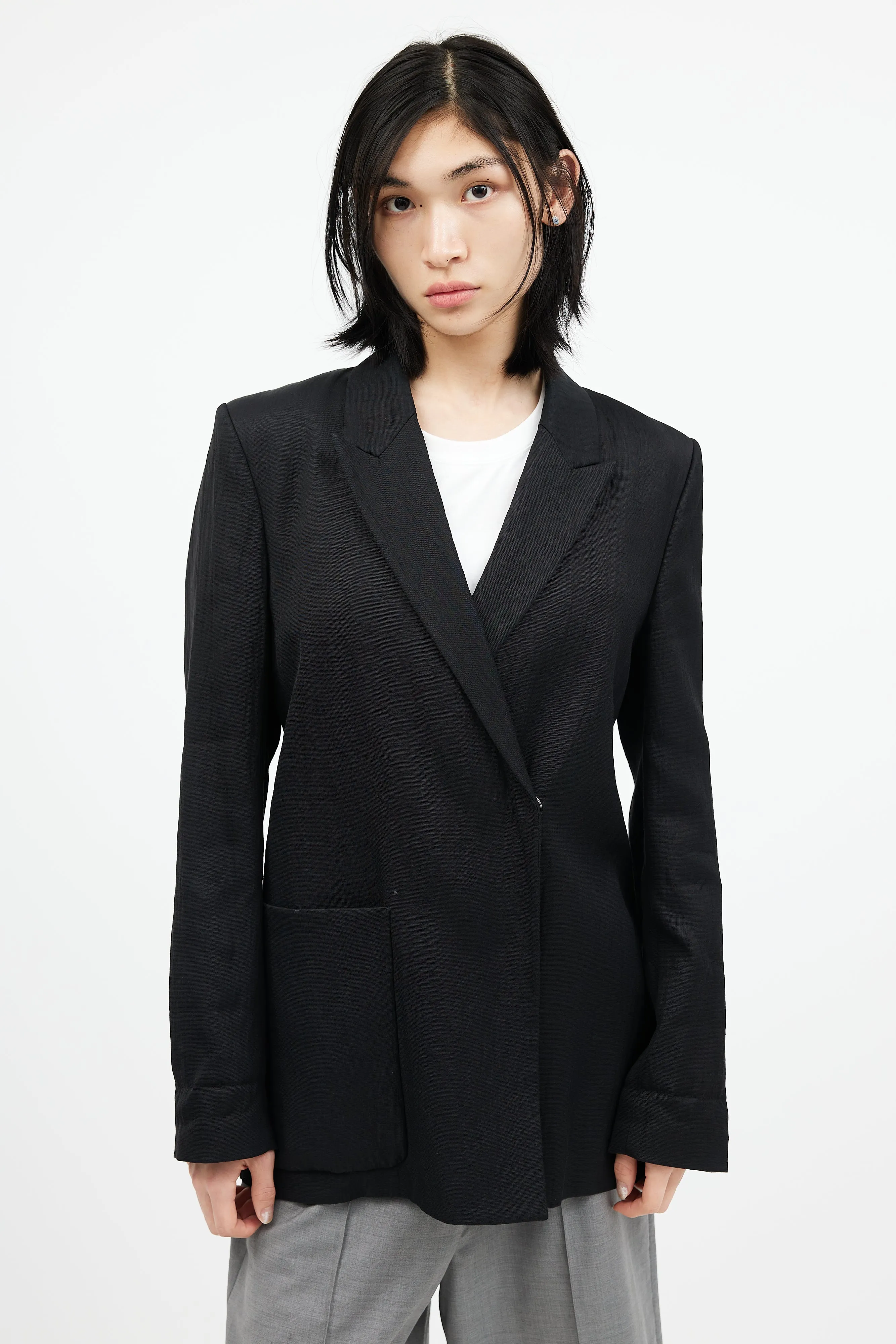 Black Double Breasted Crinkled Blazer