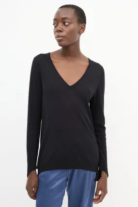Black Knit V-Neck High Low Drape Back Top