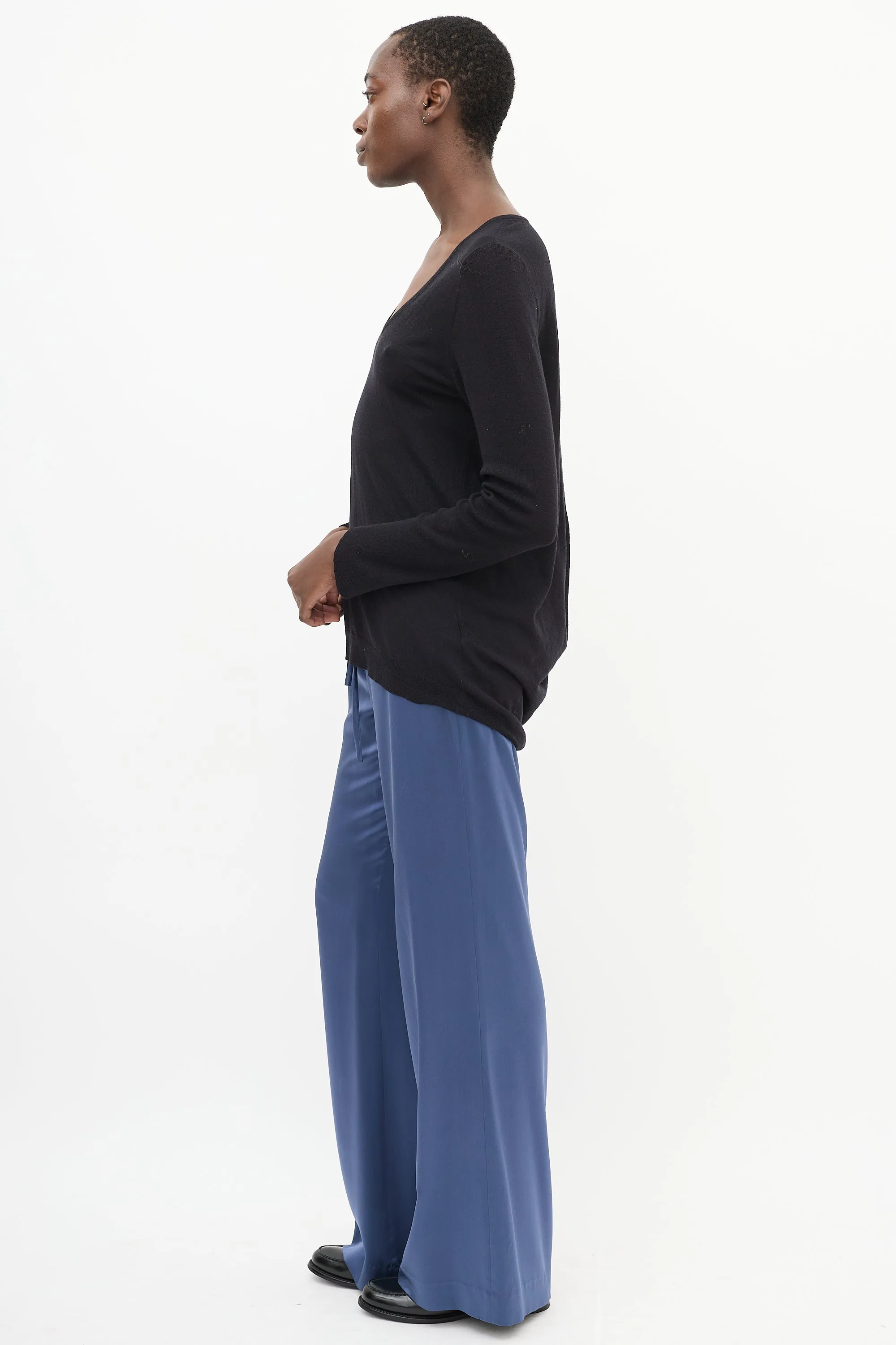 Black Knit V-Neck High Low Drape Back Top