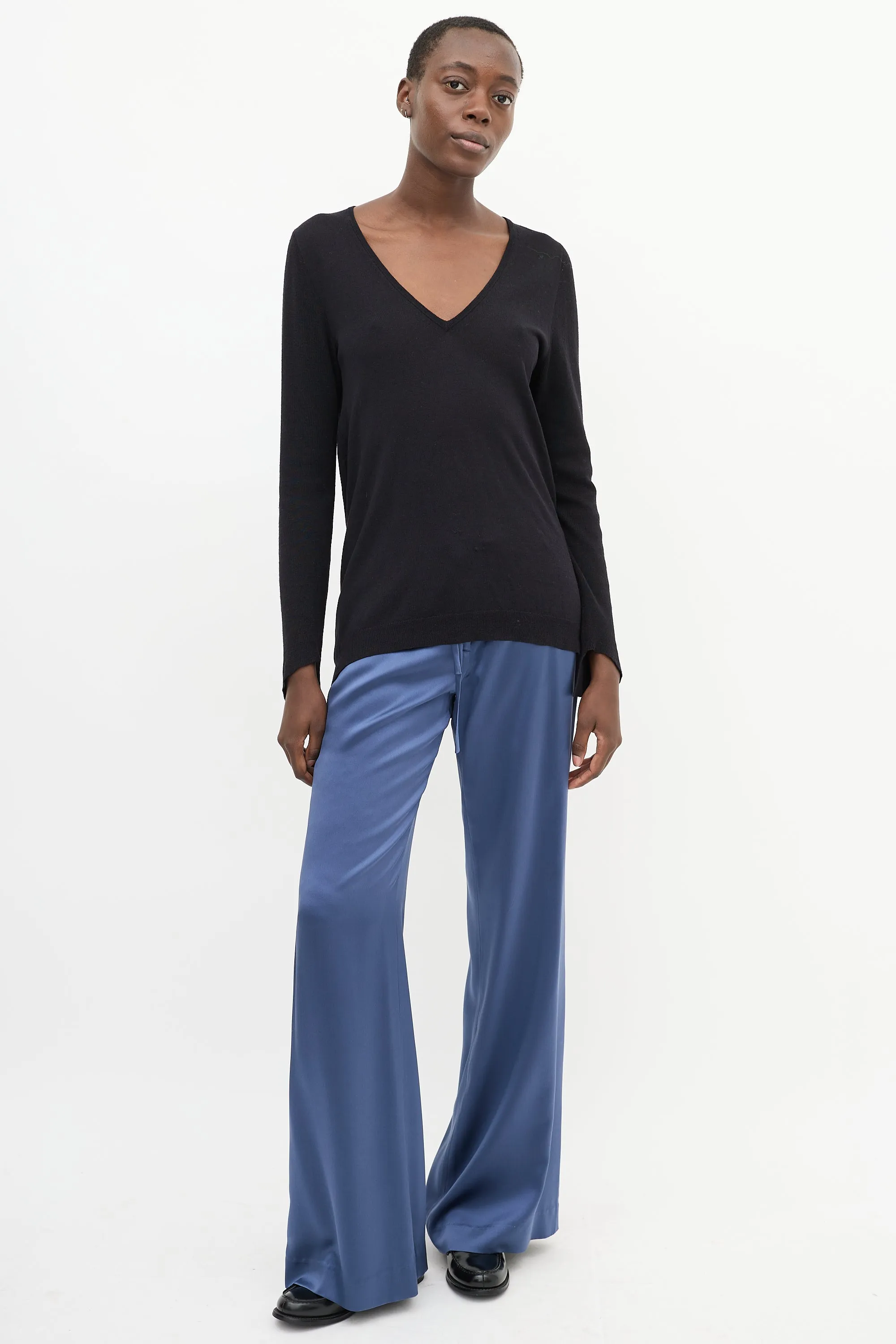 Black Knit V-Neck High Low Drape Back Top