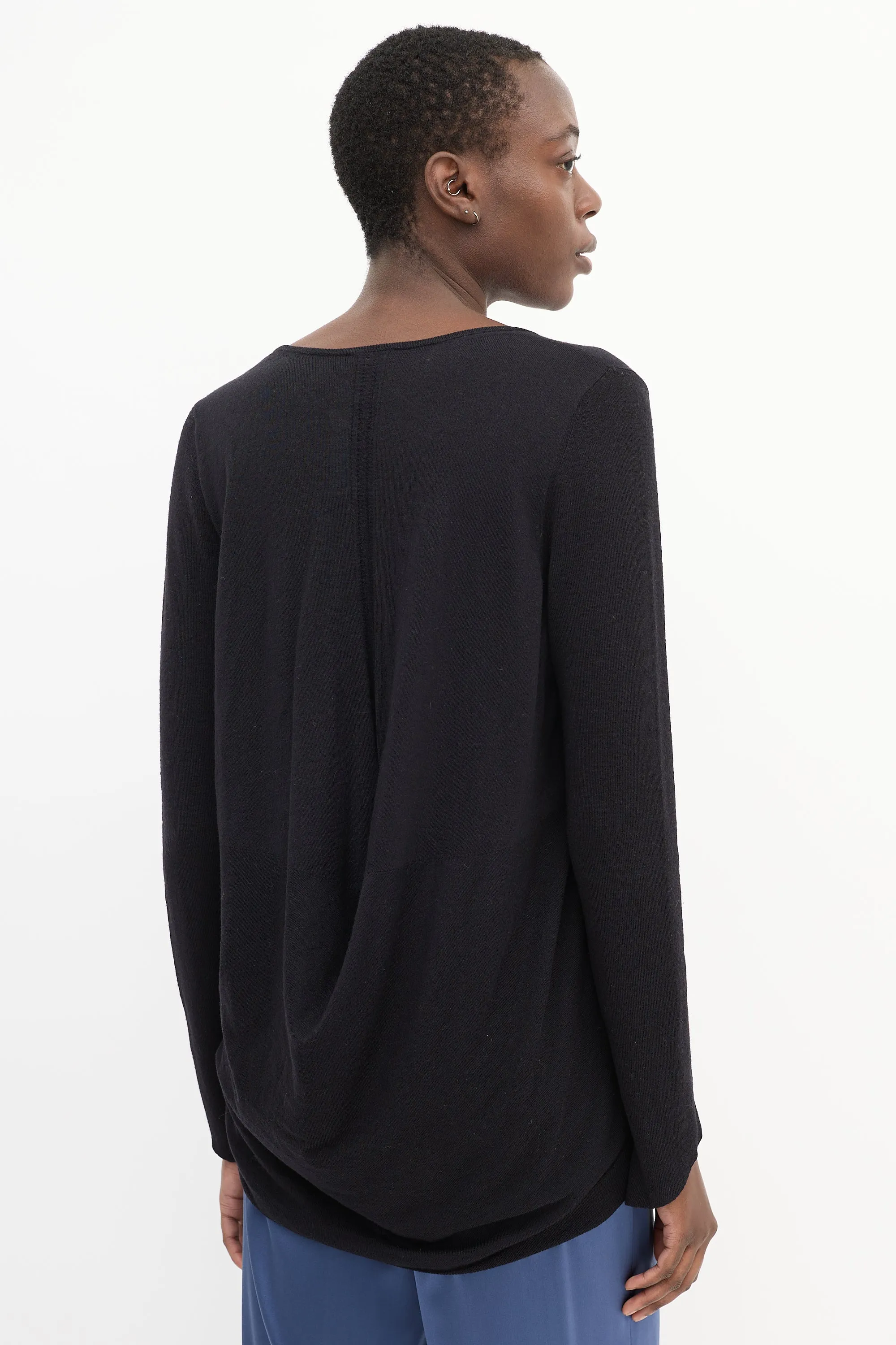 Black Knit V-Neck High Low Drape Back Top