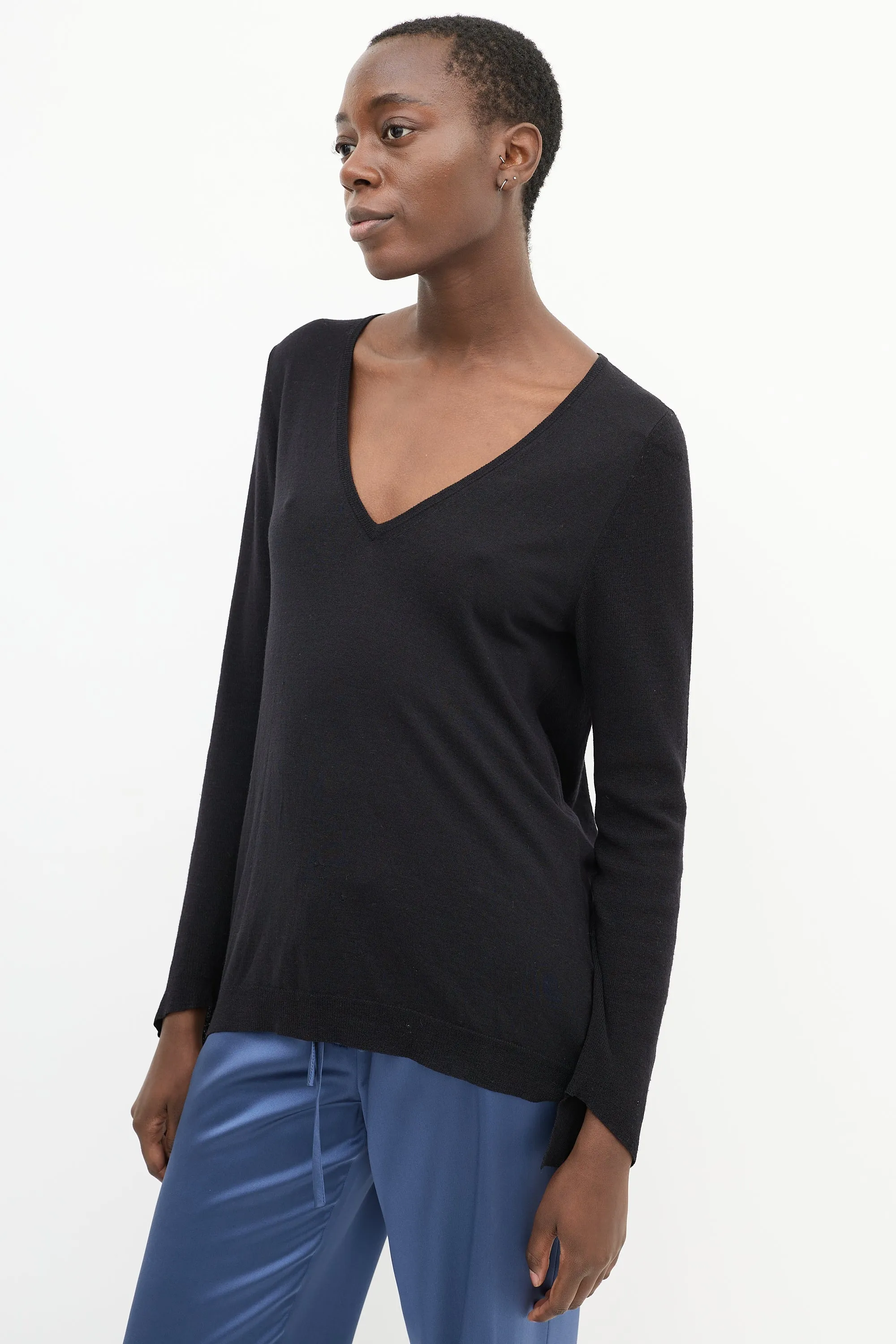 Black Knit V-Neck High Low Drape Back Top