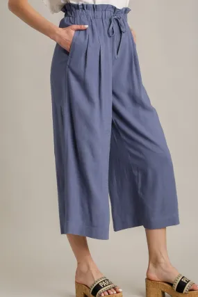 Blue Linen Wide-Leg Cropped Pants with Drawstring