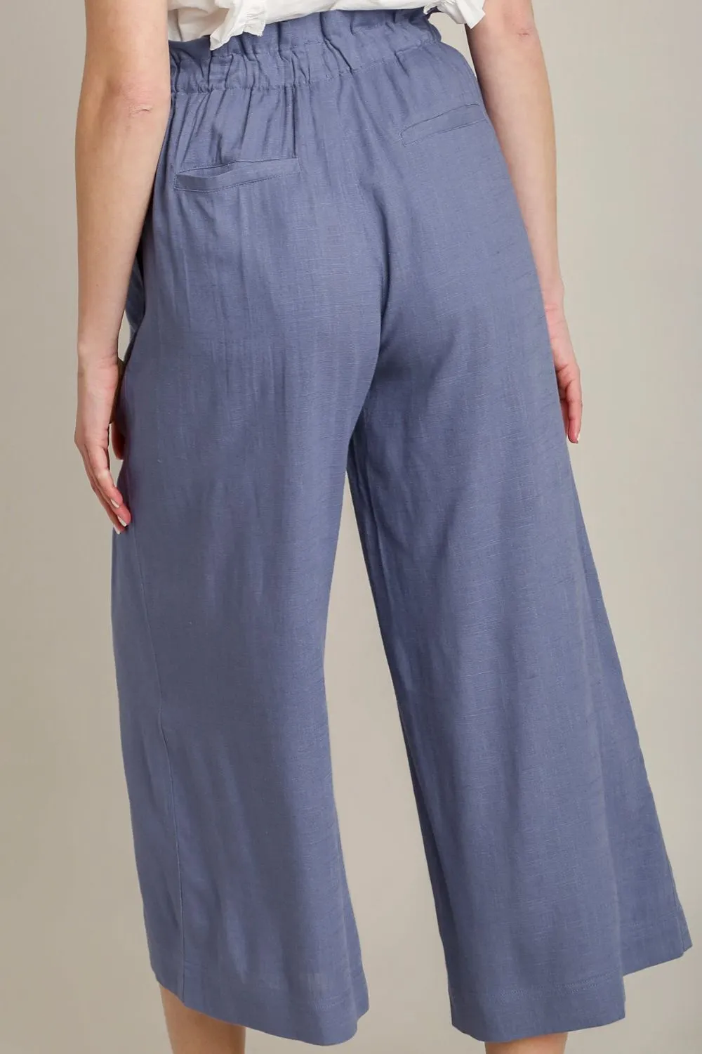Blue Linen Wide-Leg Cropped Pants with Drawstring