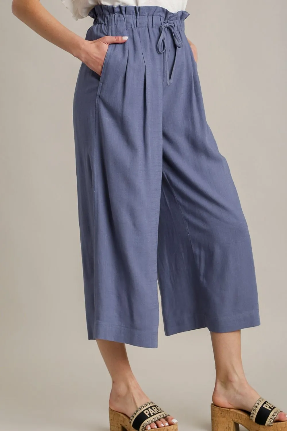 Blue Linen Wide-Leg Cropped Pants with Drawstring