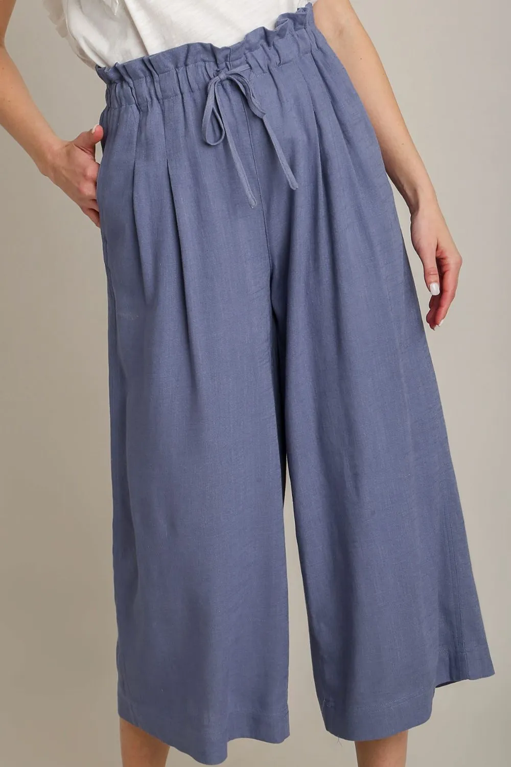 Blue Linen Wide-Leg Cropped Pants with Drawstring