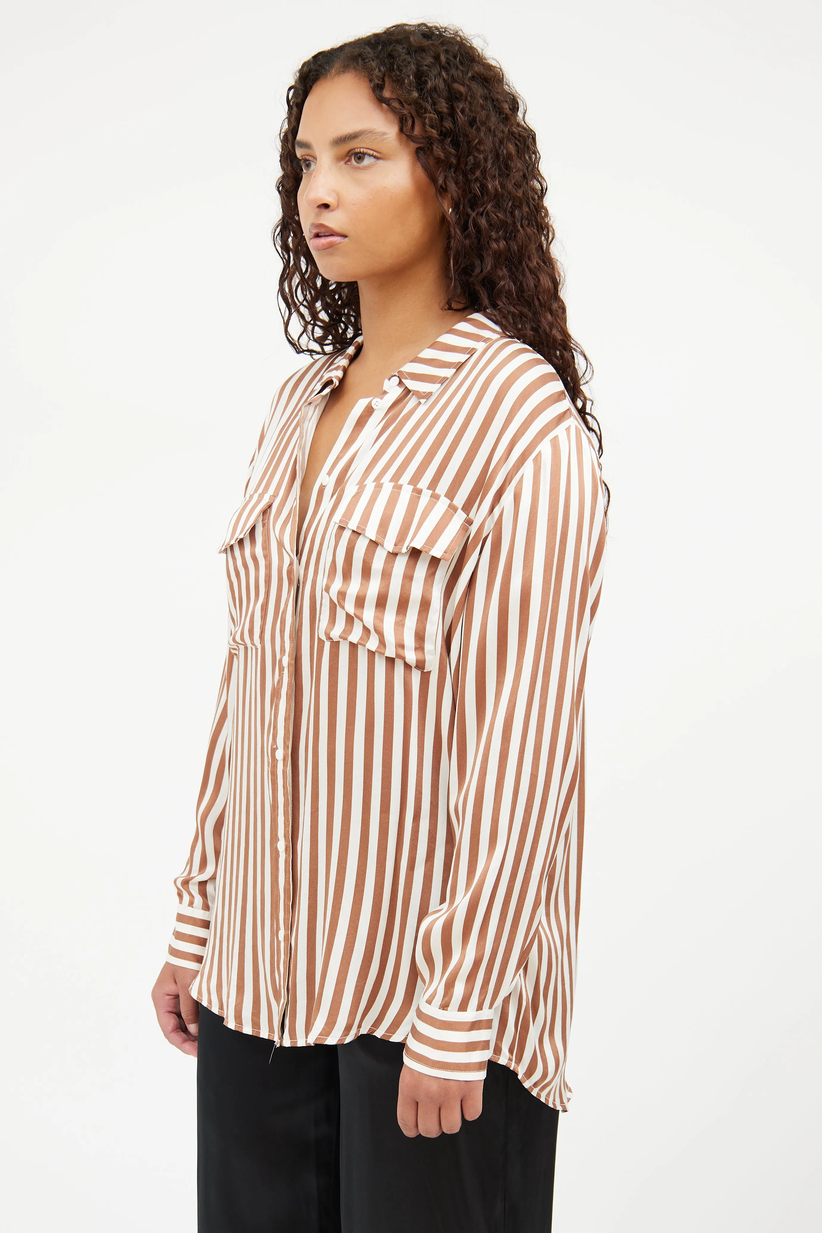 Brown & White Stripe Button Top