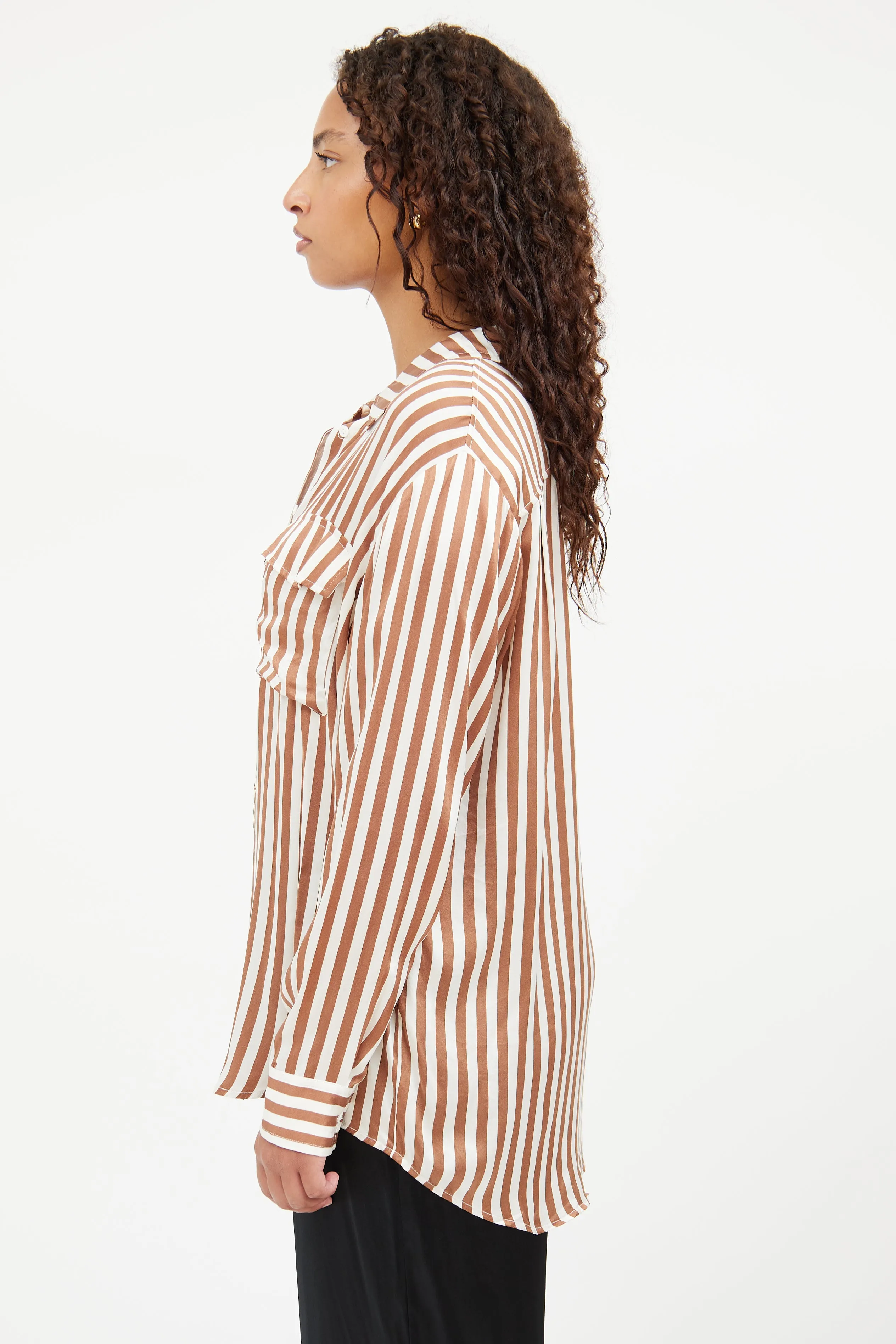 Brown & White Stripe Button Top