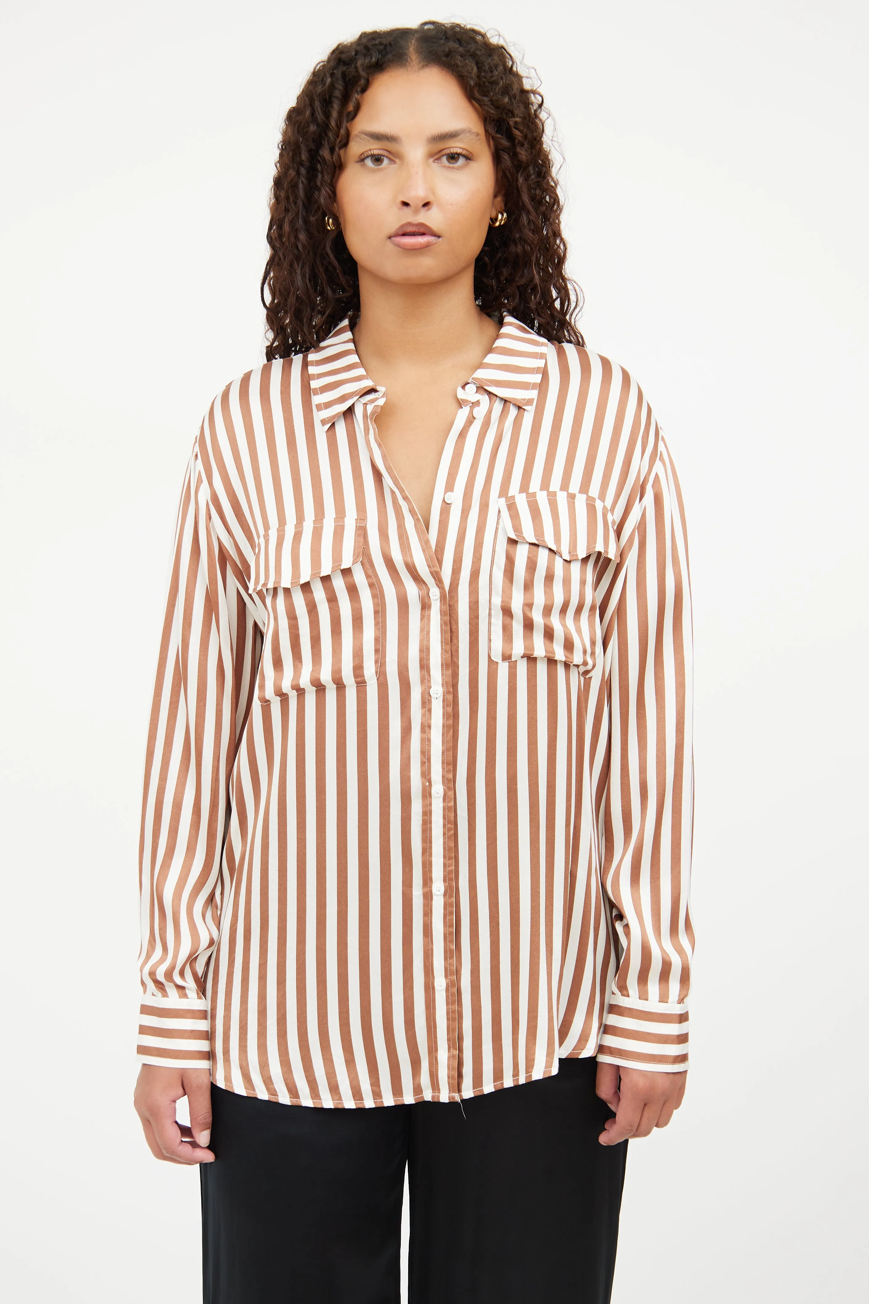 Brown & White Stripe Button Top