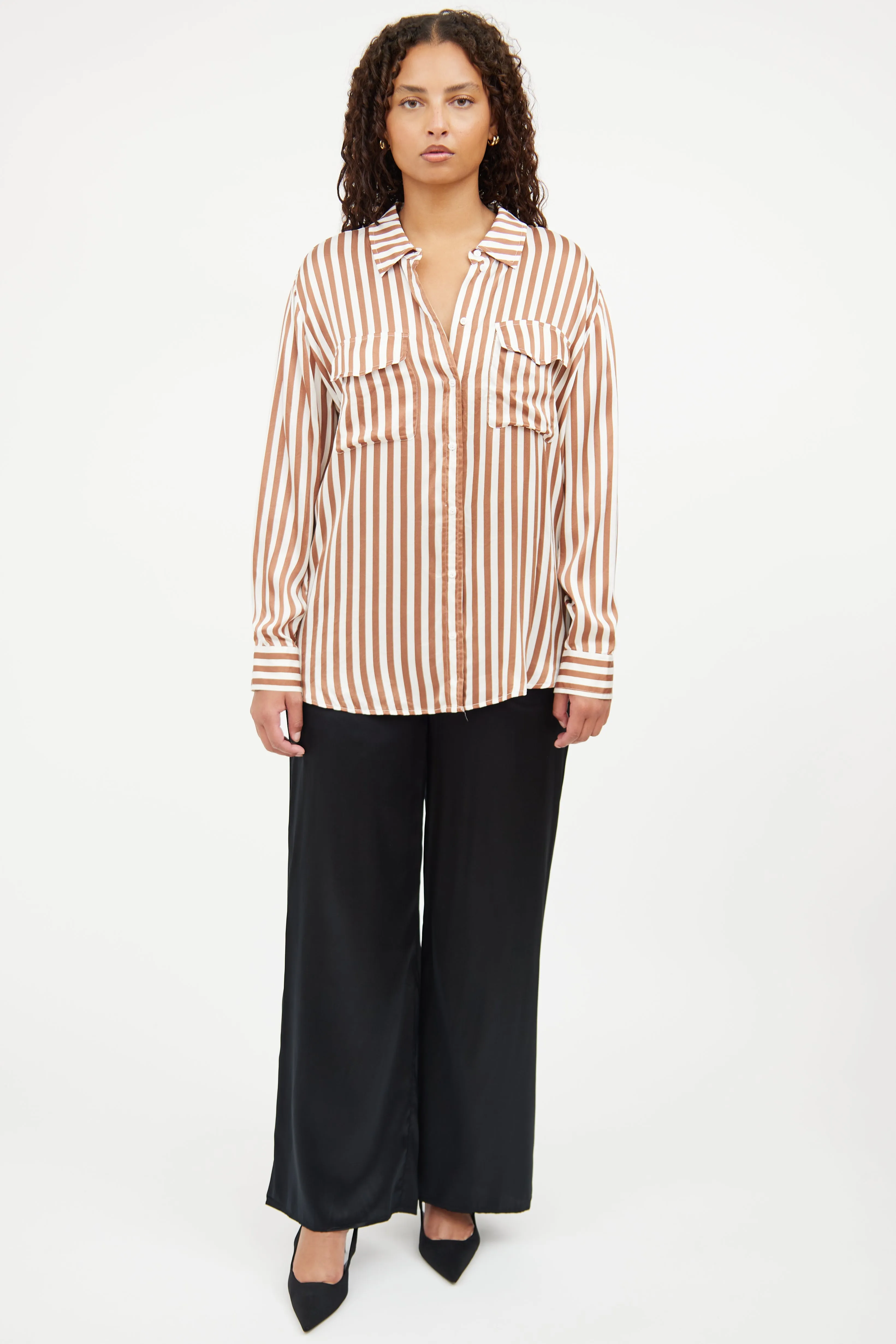 Brown & White Stripe Button Top