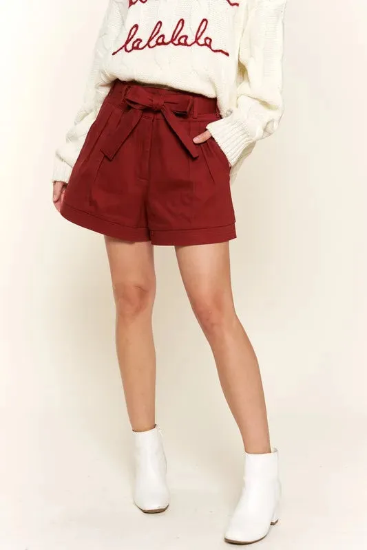 Burgundy Paperbag Waist Shorts with Ribbon Belt