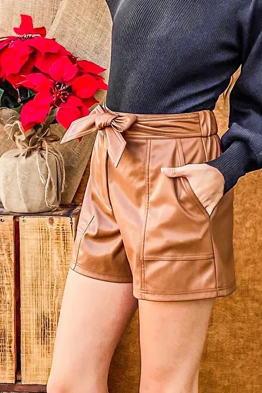 Camel Faux Leather Paperbag Waist Shorts with Ribbon Tie