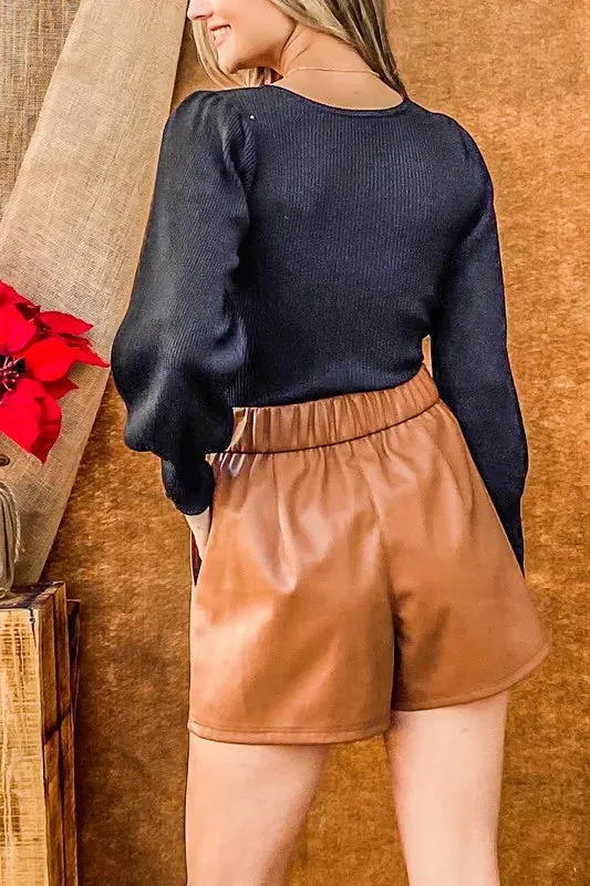 Camel Faux Leather Paperbag Waist Shorts with Ribbon Tie