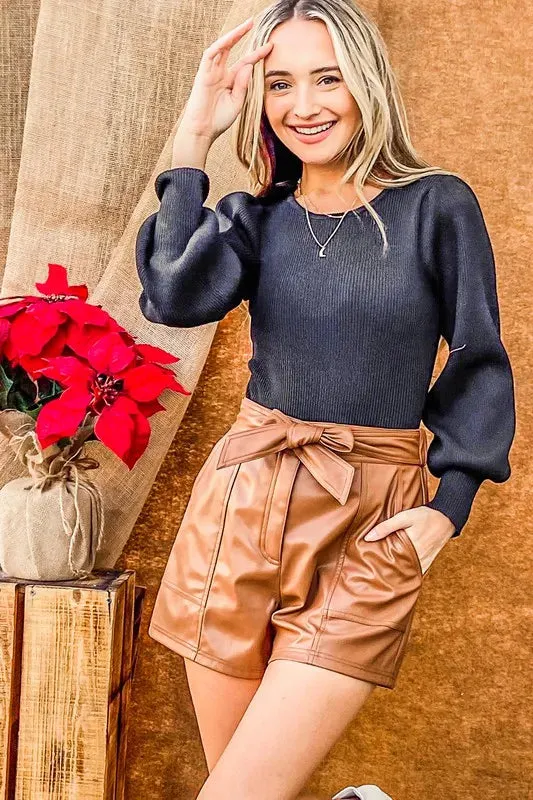 Camel Faux Leather Paperbag Waist Shorts with Ribbon Tie
