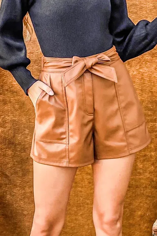 Camel Faux Leather Paperbag Waist Shorts with Ribbon Tie