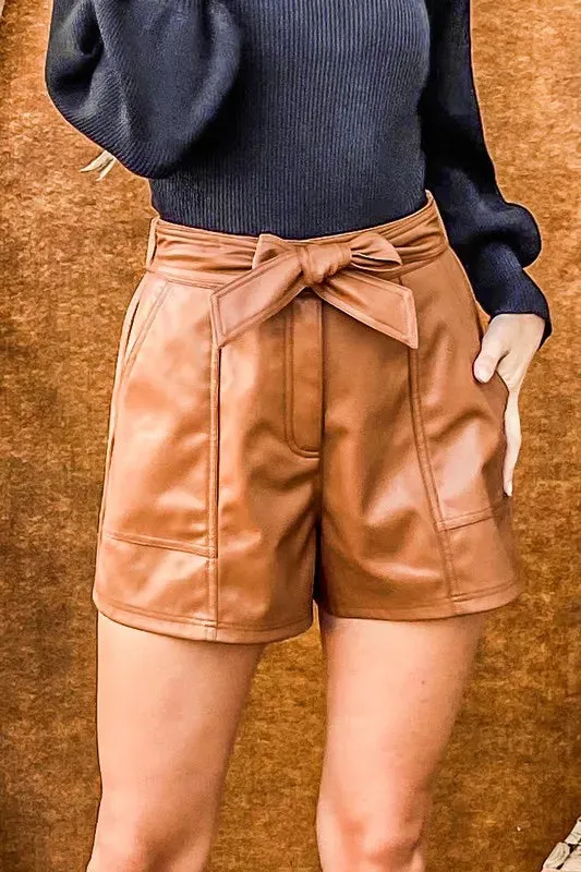 Camel Faux Leather Paperbag Waist Shorts with Ribbon Tie