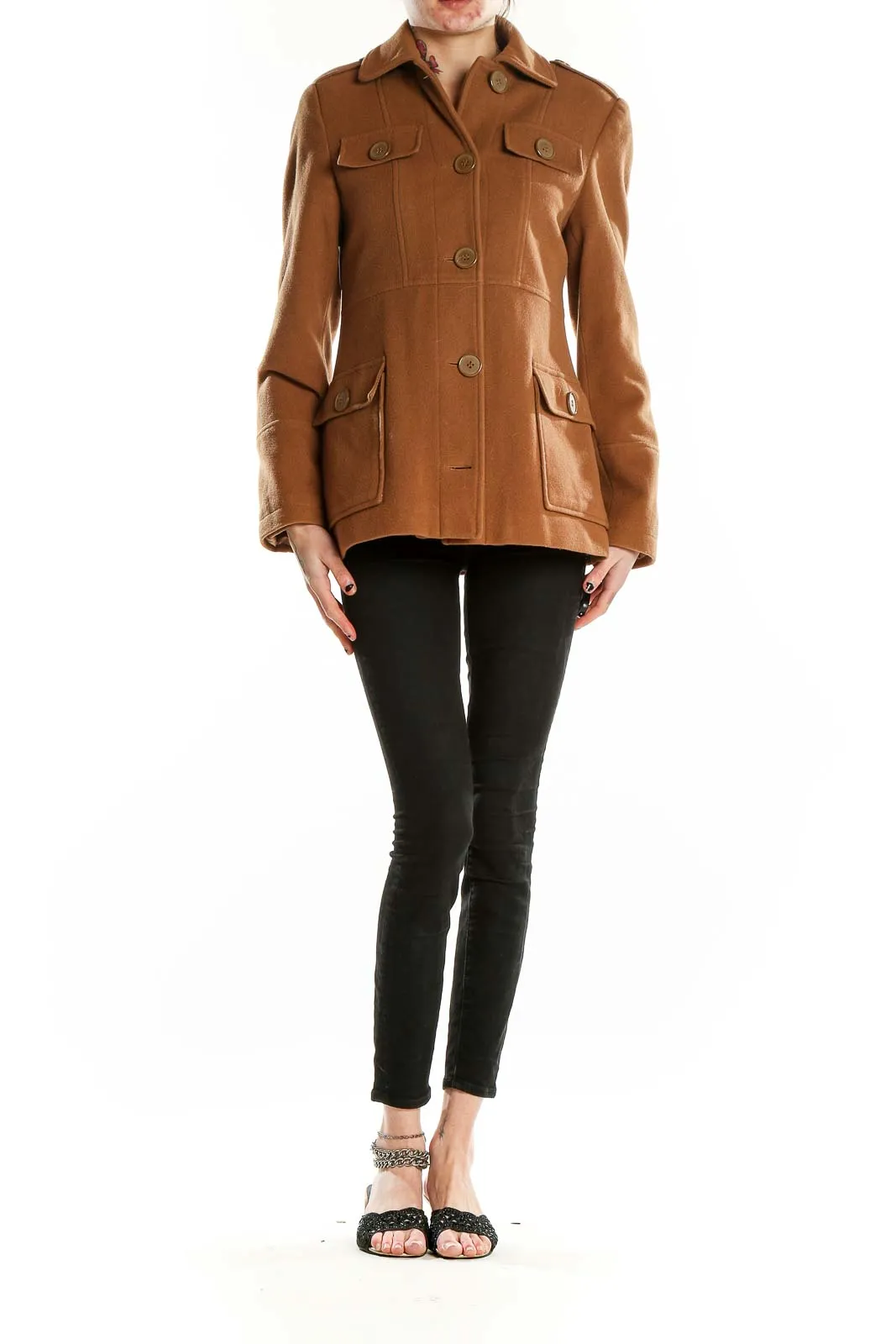Camel Military-Style Button-Up Coat