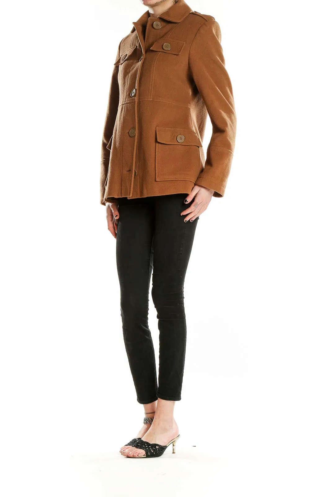 Camel Military-Style Button-Up Coat