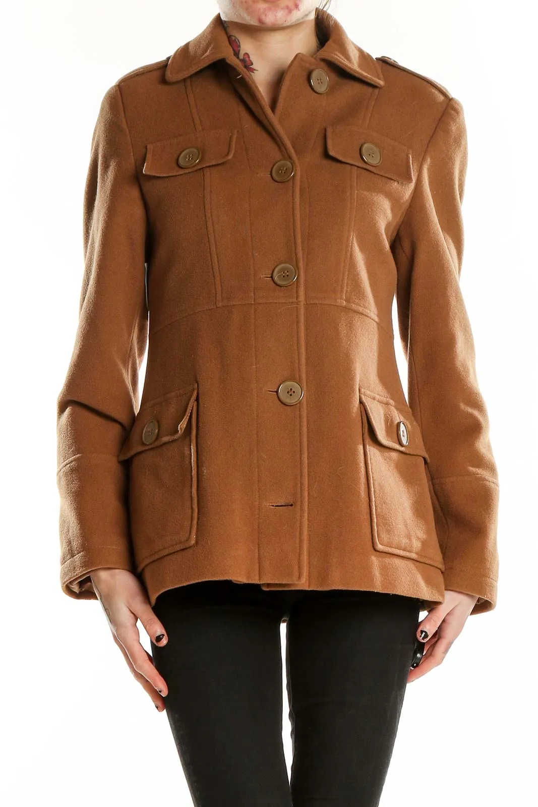 Camel Military-Style Button-Up Coat
