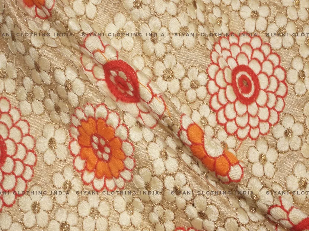 Cream Thread And Floral Embroidered Silk Fabric