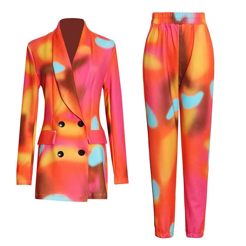 Double-breasted printed suit   elastic pants