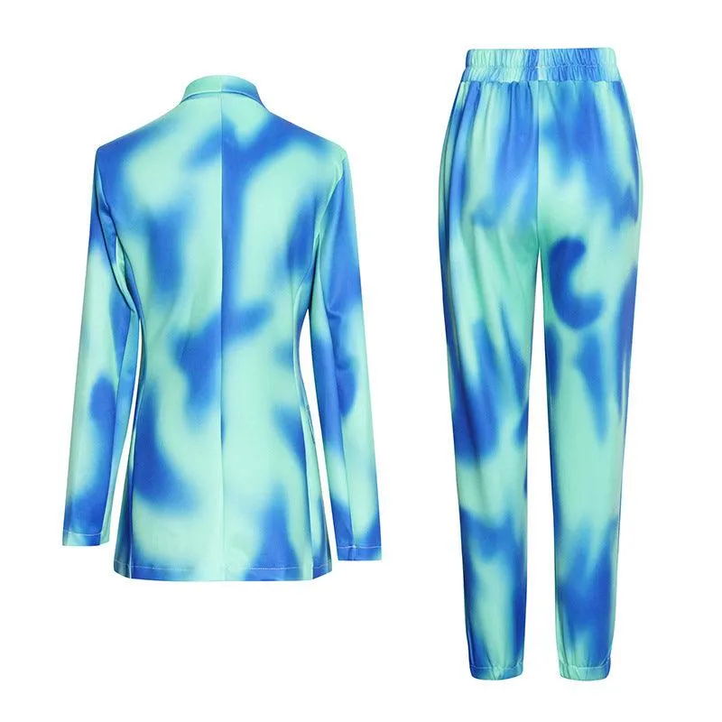 Double-breasted printed suit   elastic pants
