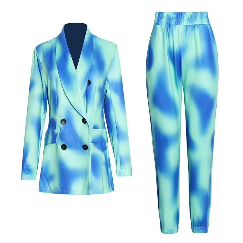 Double-breasted printed suit   elastic pants