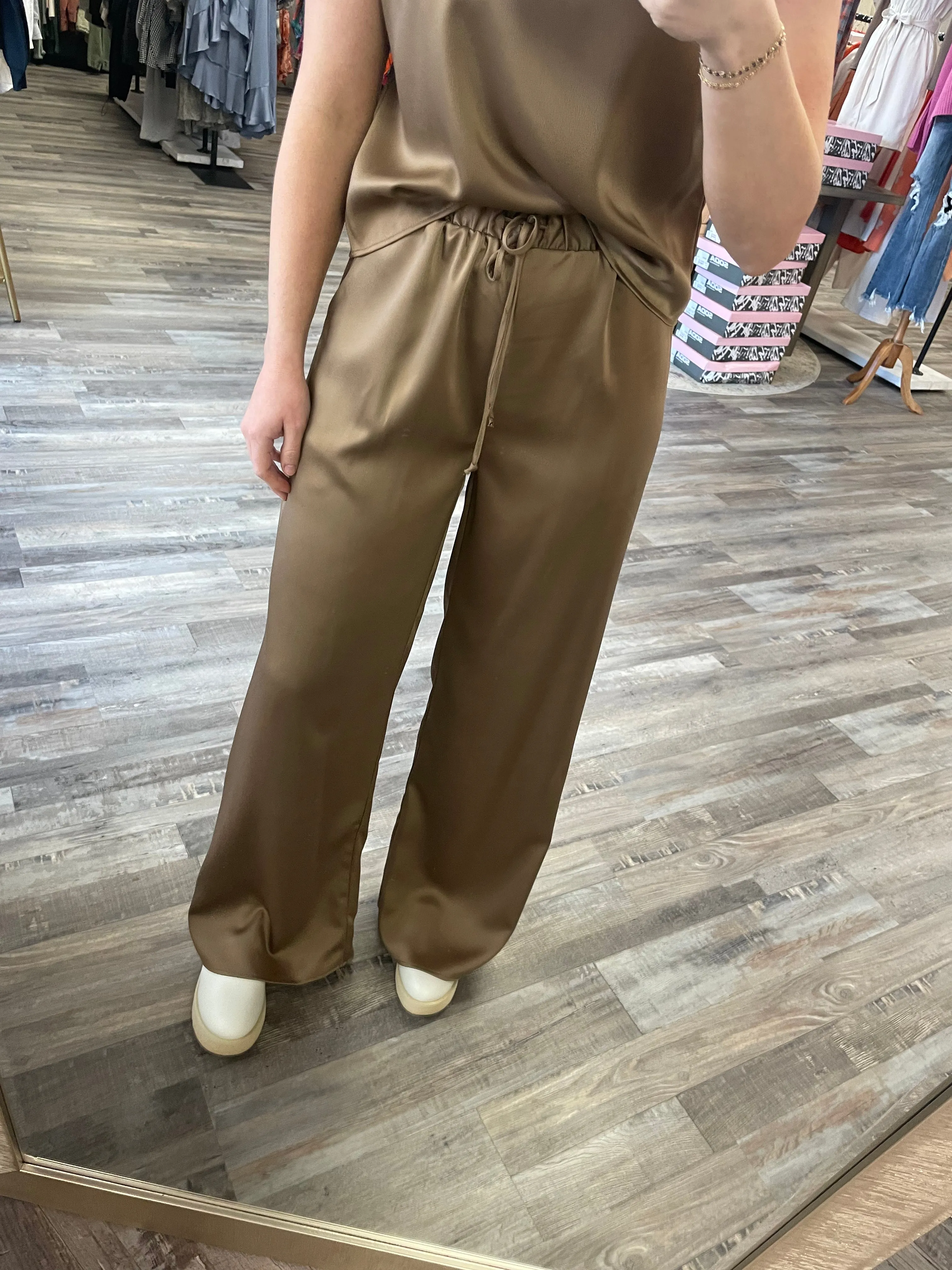 Elastic Waist Satin Pants - Coffee