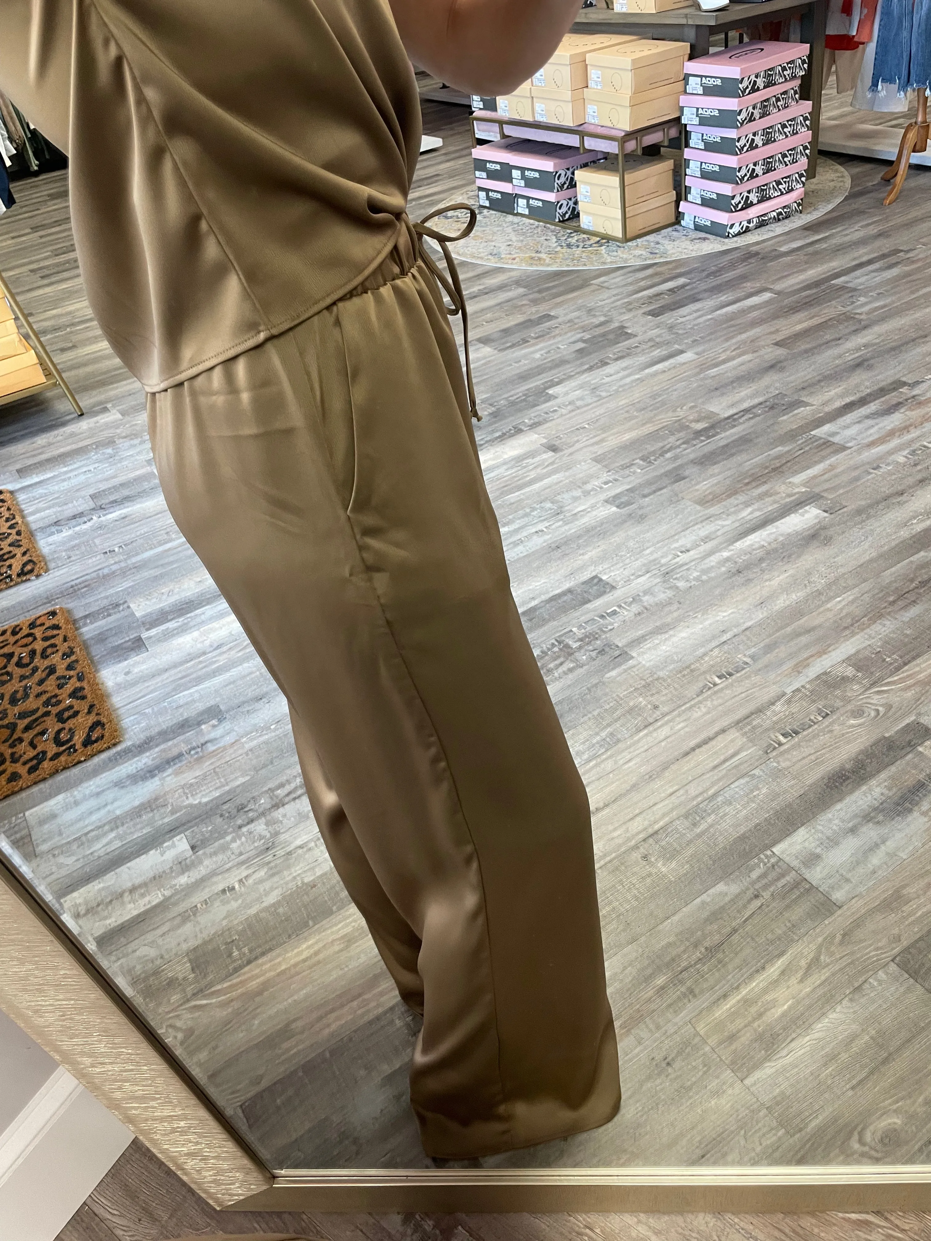 Elastic Waist Satin Pants - Coffee