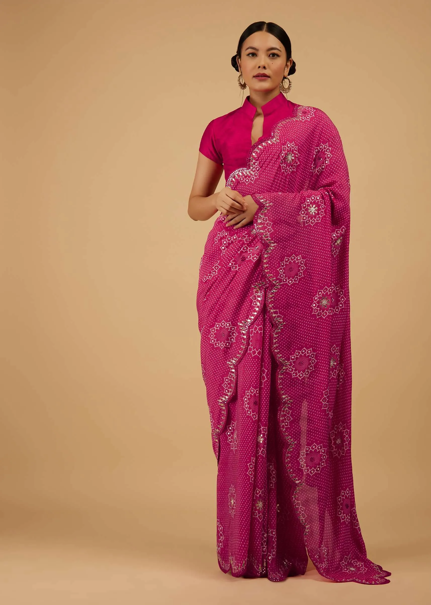 Festive Beetroot Azalea Bandhani Saree Embroidered In Muslin