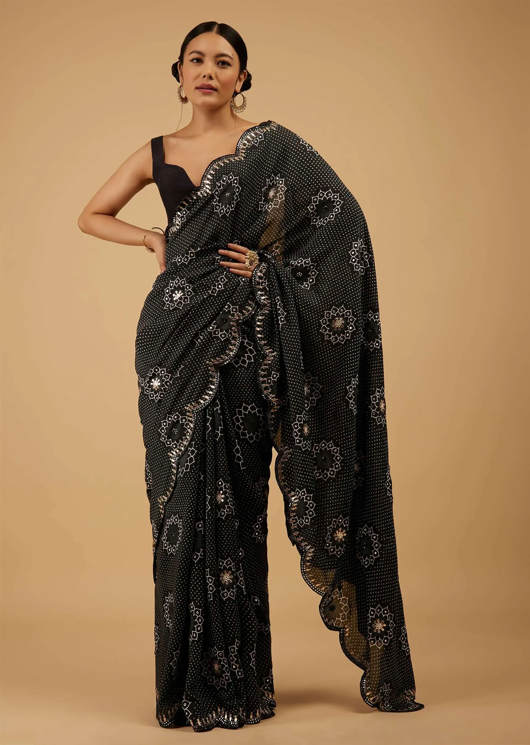 Festive Pirate Black Bandhani Saree Embroidered In Muslin