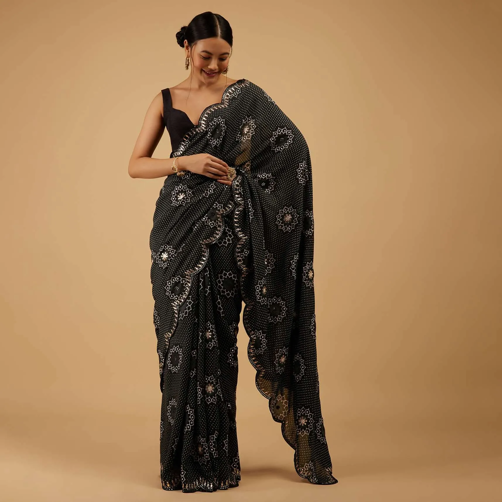 Festive Pirate Black Bandhani Saree Embroidered In Muslin