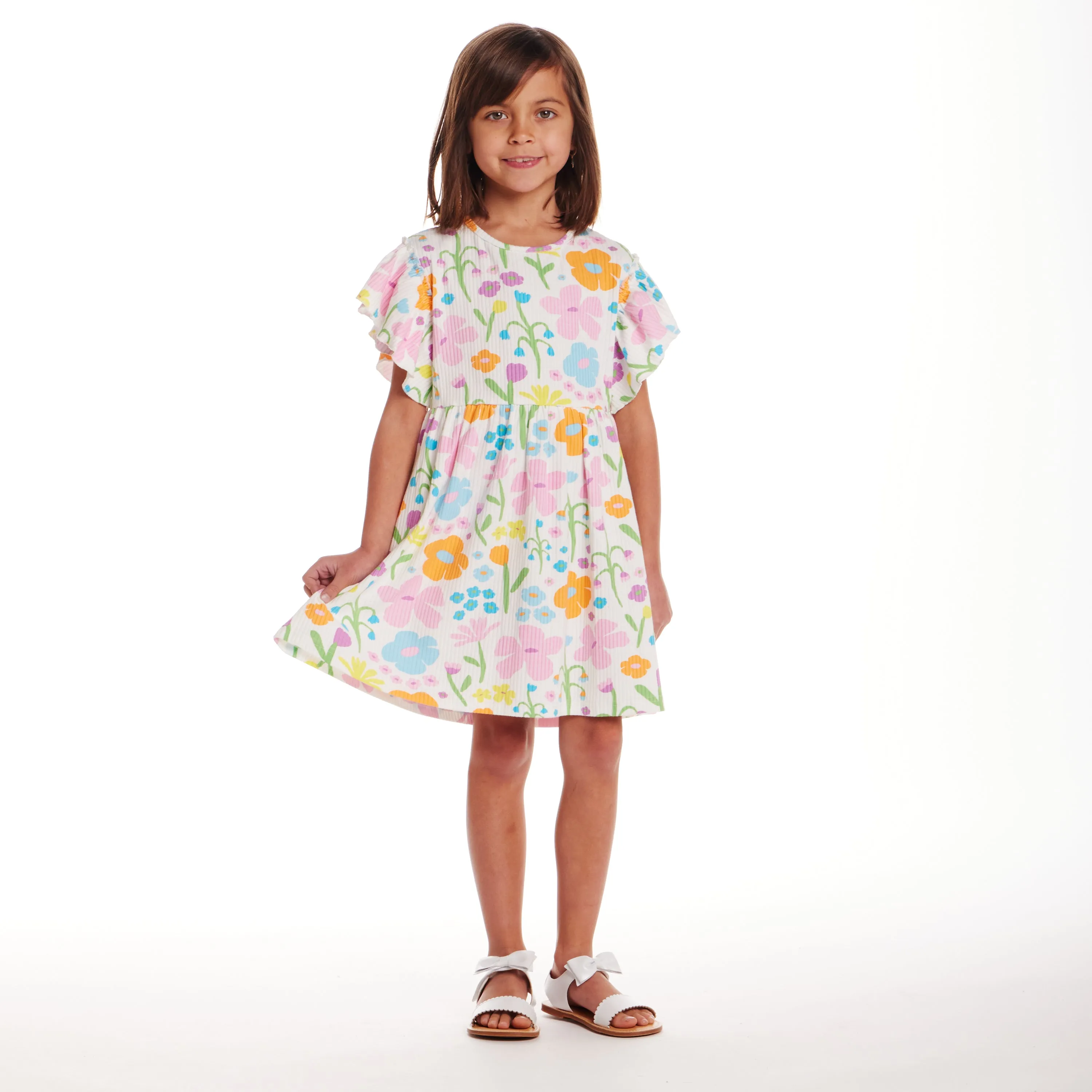 Kids (2-6x) White Rib Knit Dress w/ Ruffle Sleeves | Floral Fun
