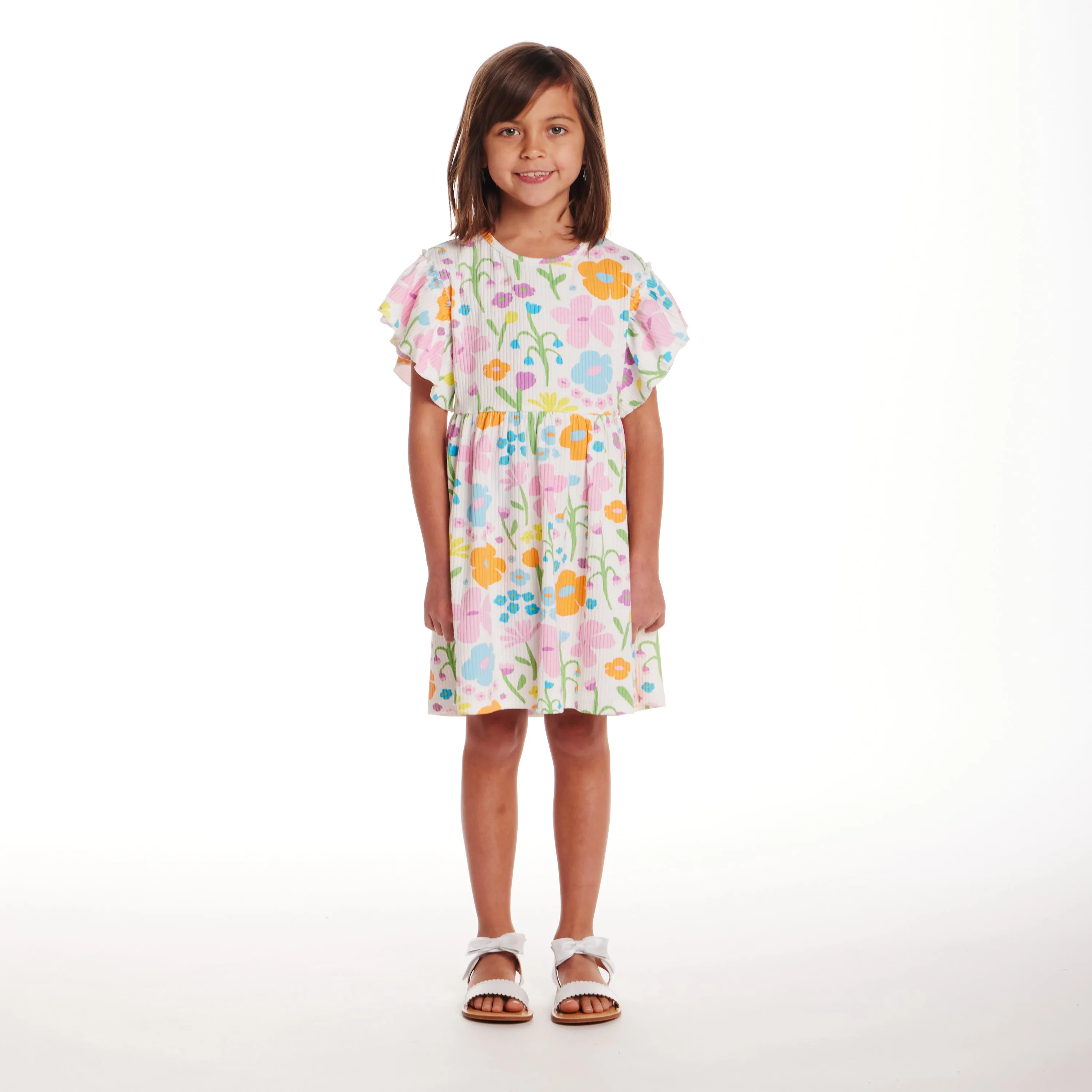 Kids (2-6x) White Rib Knit Dress w/ Ruffle Sleeves | Floral Fun