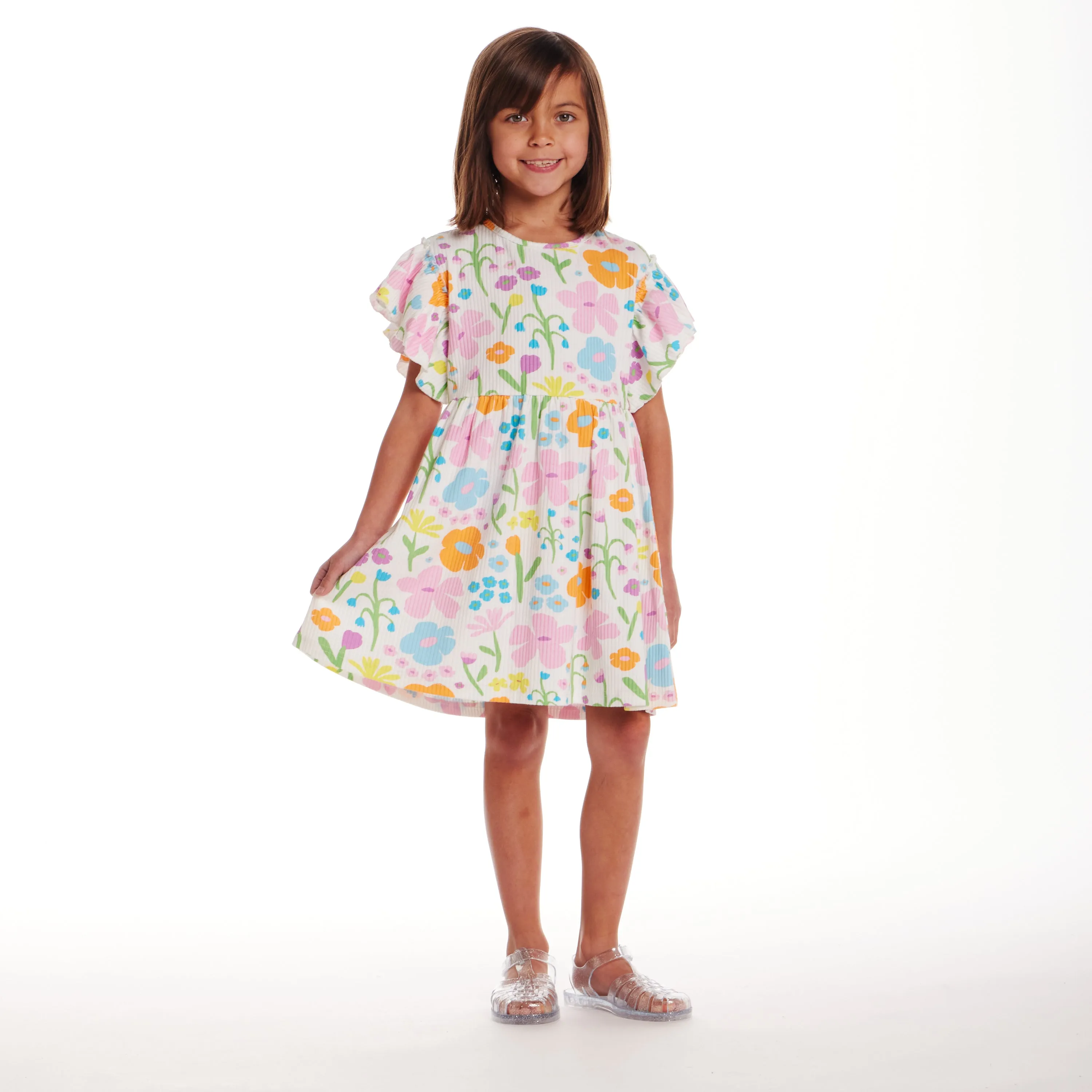 Kids (2-6x) White Rib Knit Dress w/ Ruffle Sleeves | Floral Fun