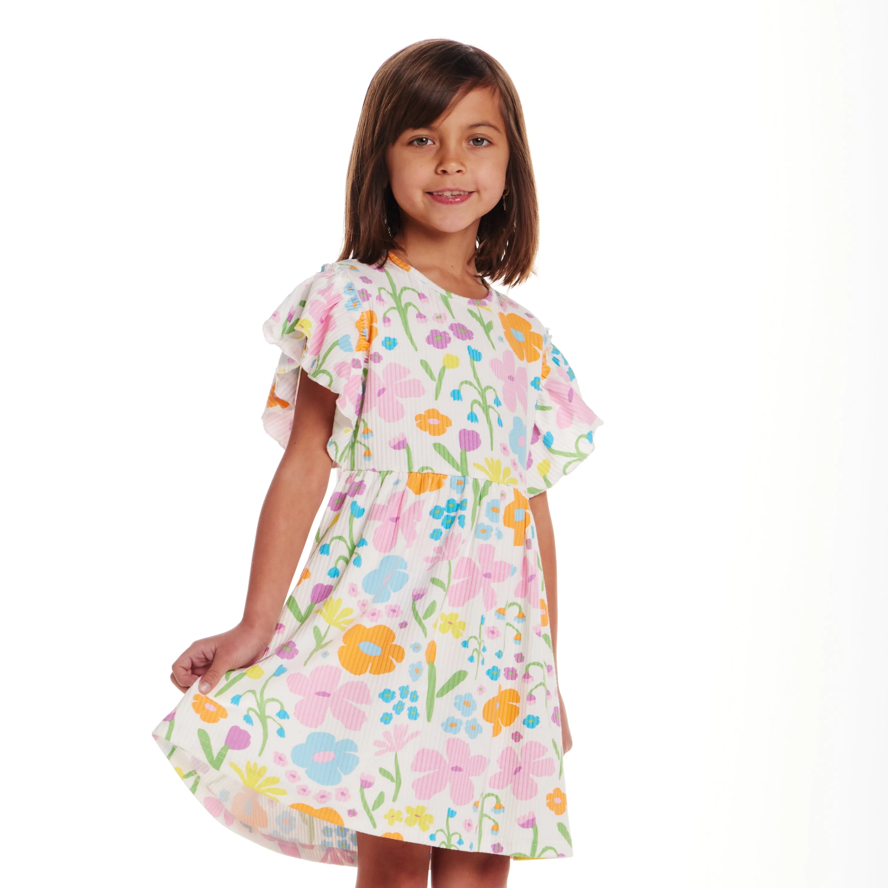 Kids (2-6x) White Rib Knit Dress w/ Ruffle Sleeves | Floral Fun