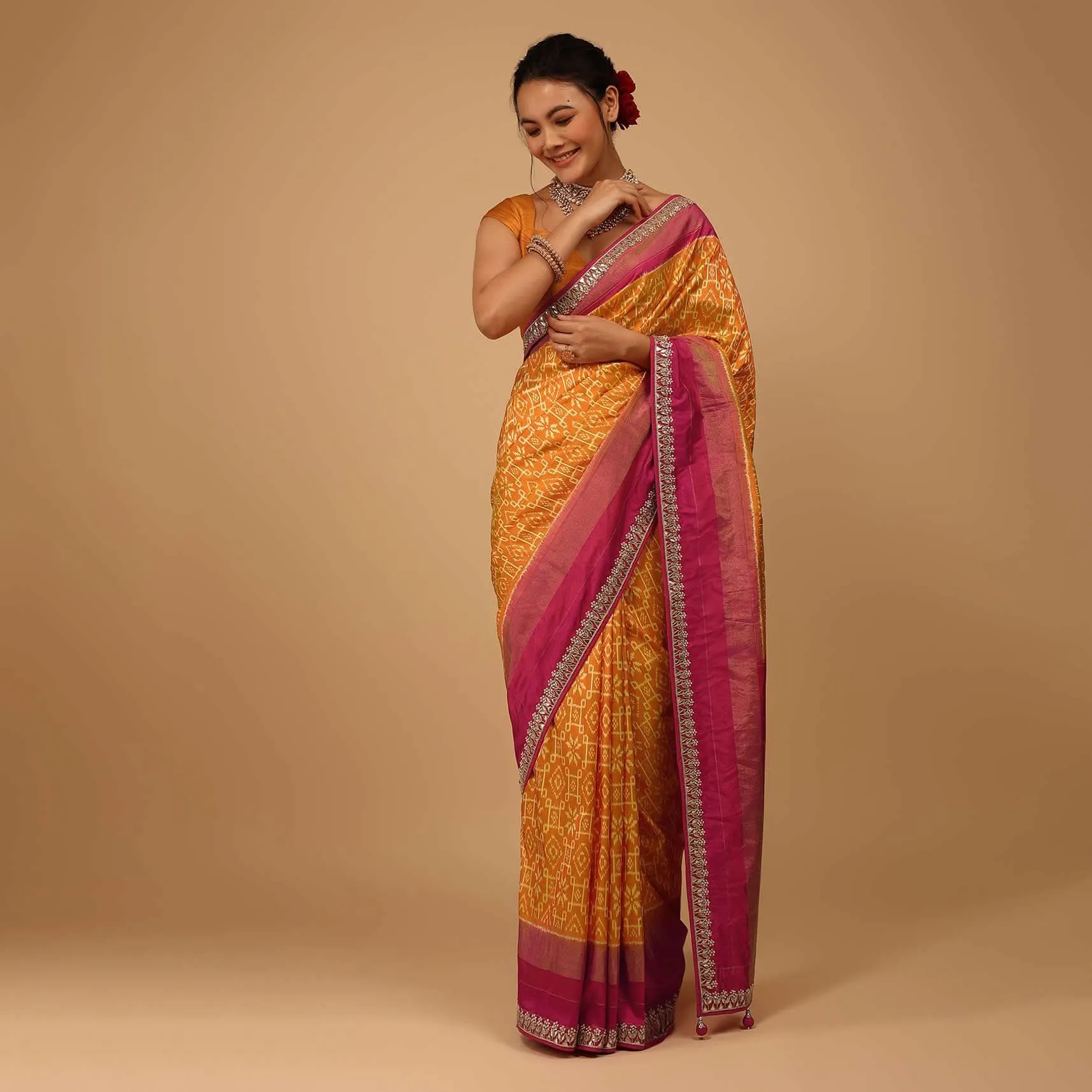 Marigold Orange Saree In Pure Silk With Golden Haze Yellow Handloom Patola Ikat Weave