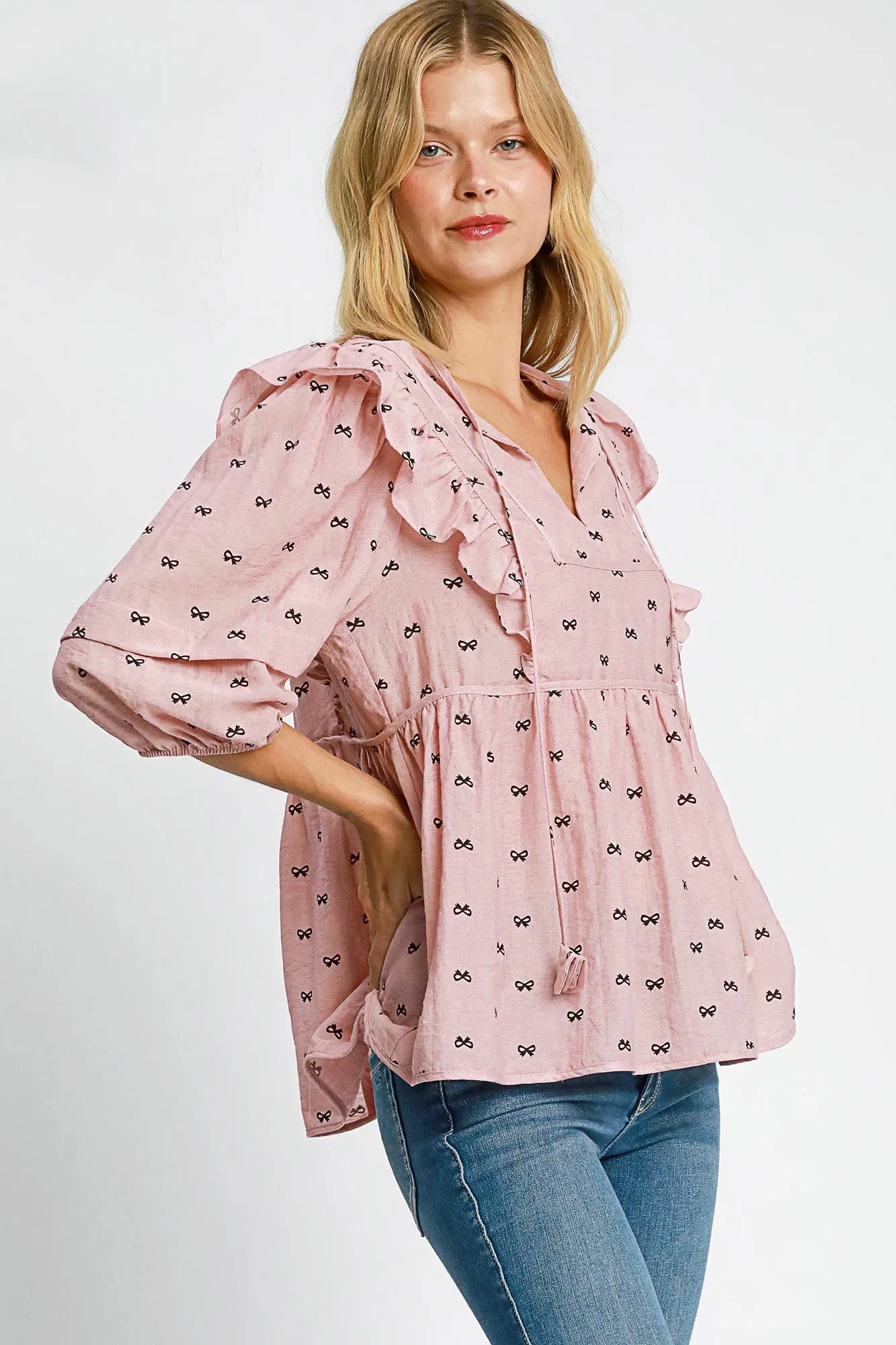 Pink Bow Print Ruffled Peplum Blouse