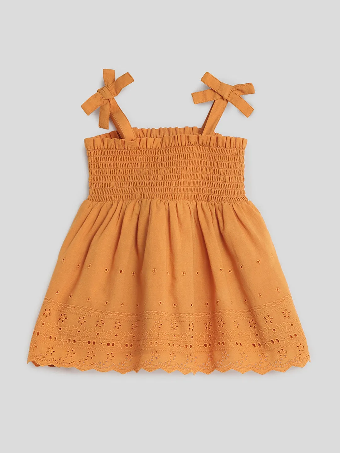 Rust Smocked Schiffli Dress